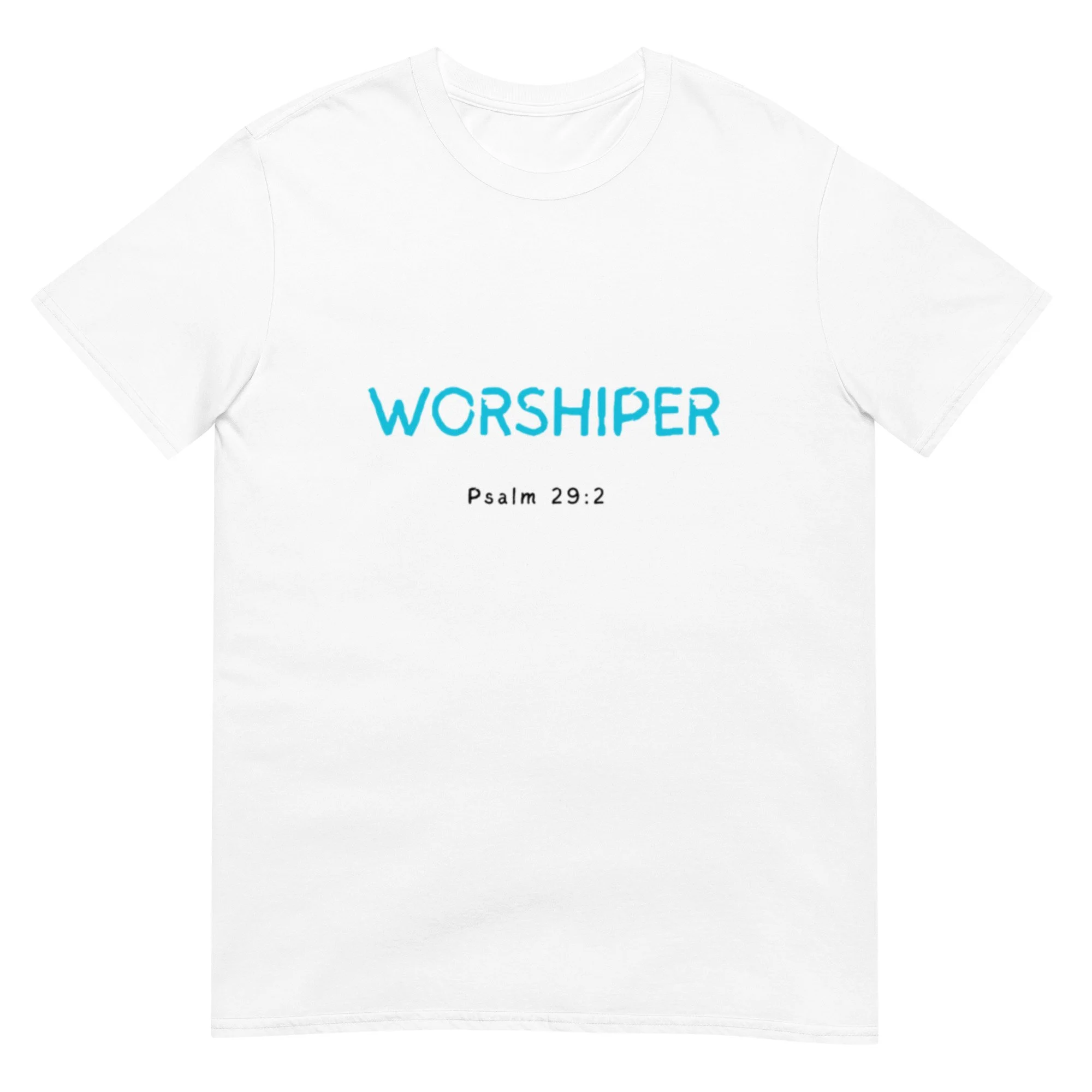 white Worshiper T-shirt with blue letters and Scripture verse. Women's Christian T-shirt.