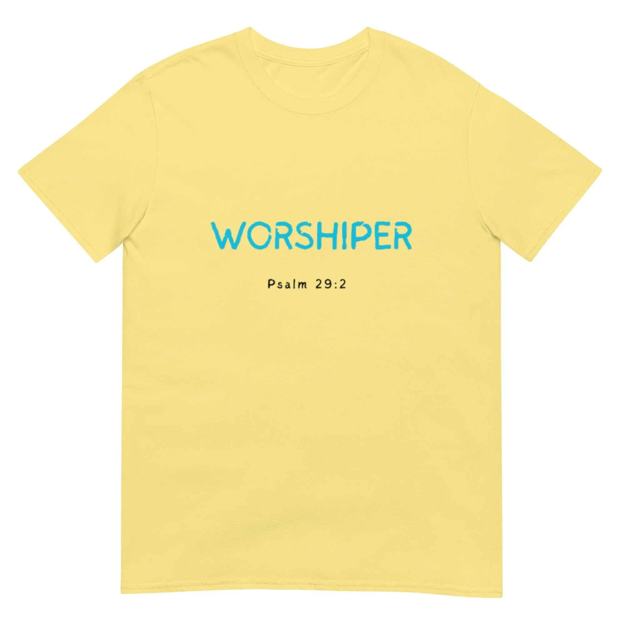 yellow Worshiper T-shirt with blue letters and Psalm 29: 2 Scripture verse. Women's Christian T-shirt.