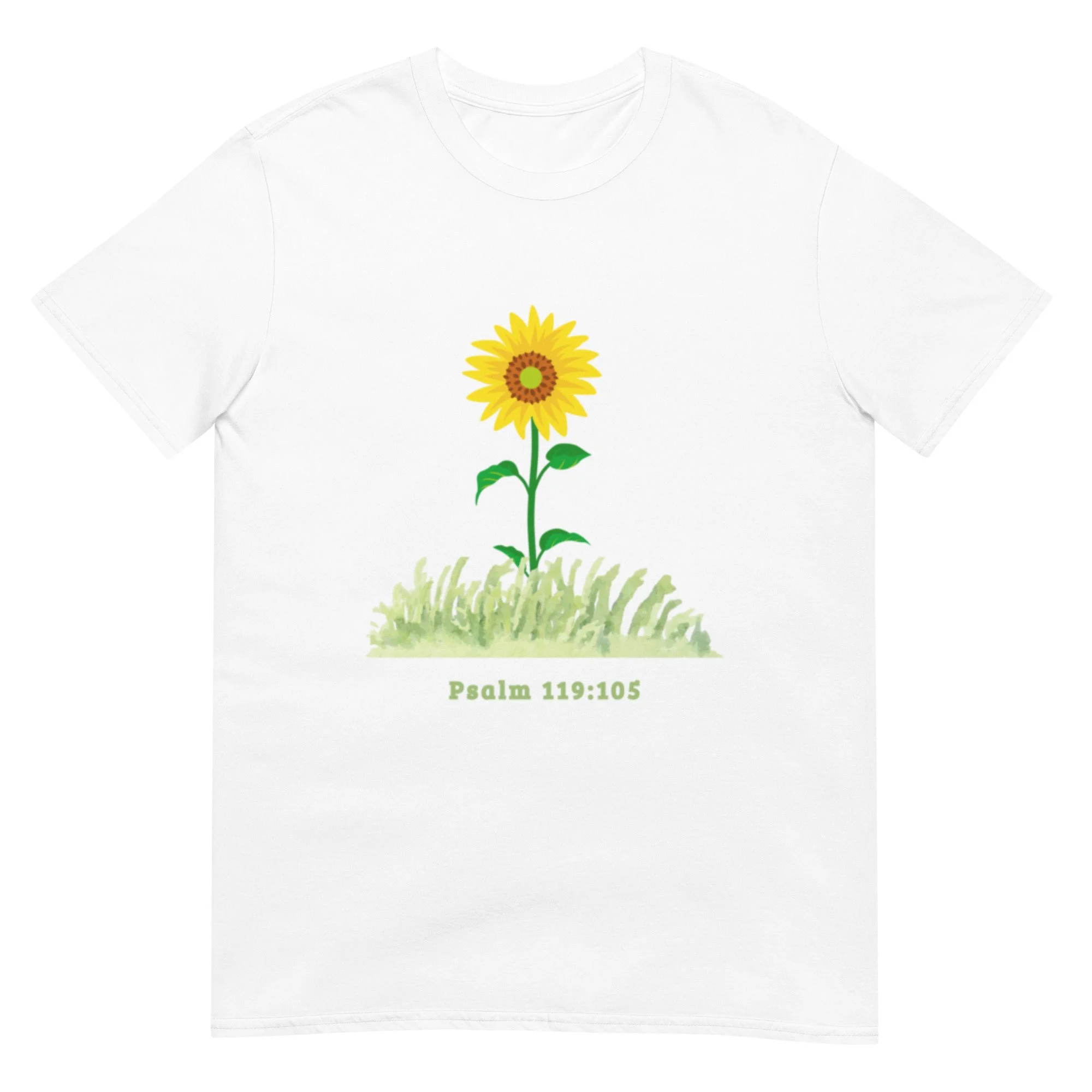 white Psalm 119:105 T-shirt with yellow sunflower. Women's Christian T-Shirt.