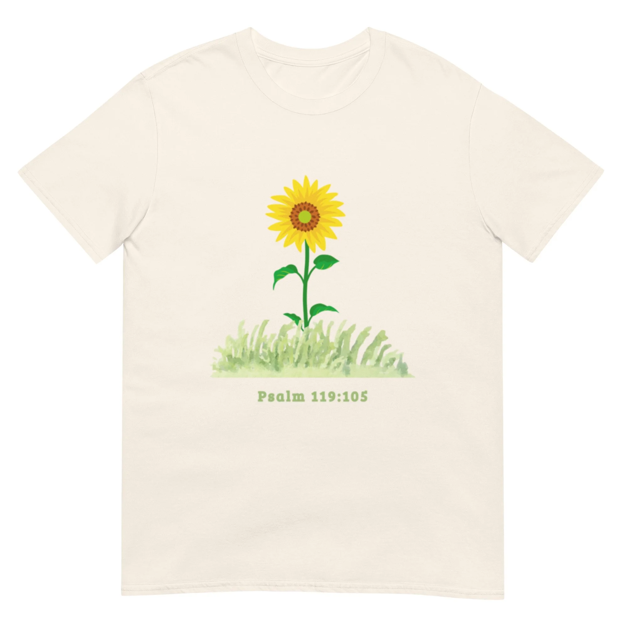 natural color Psalm 119:105 T-shirt with yellow sunflower. Women's Christian T-Shirt.