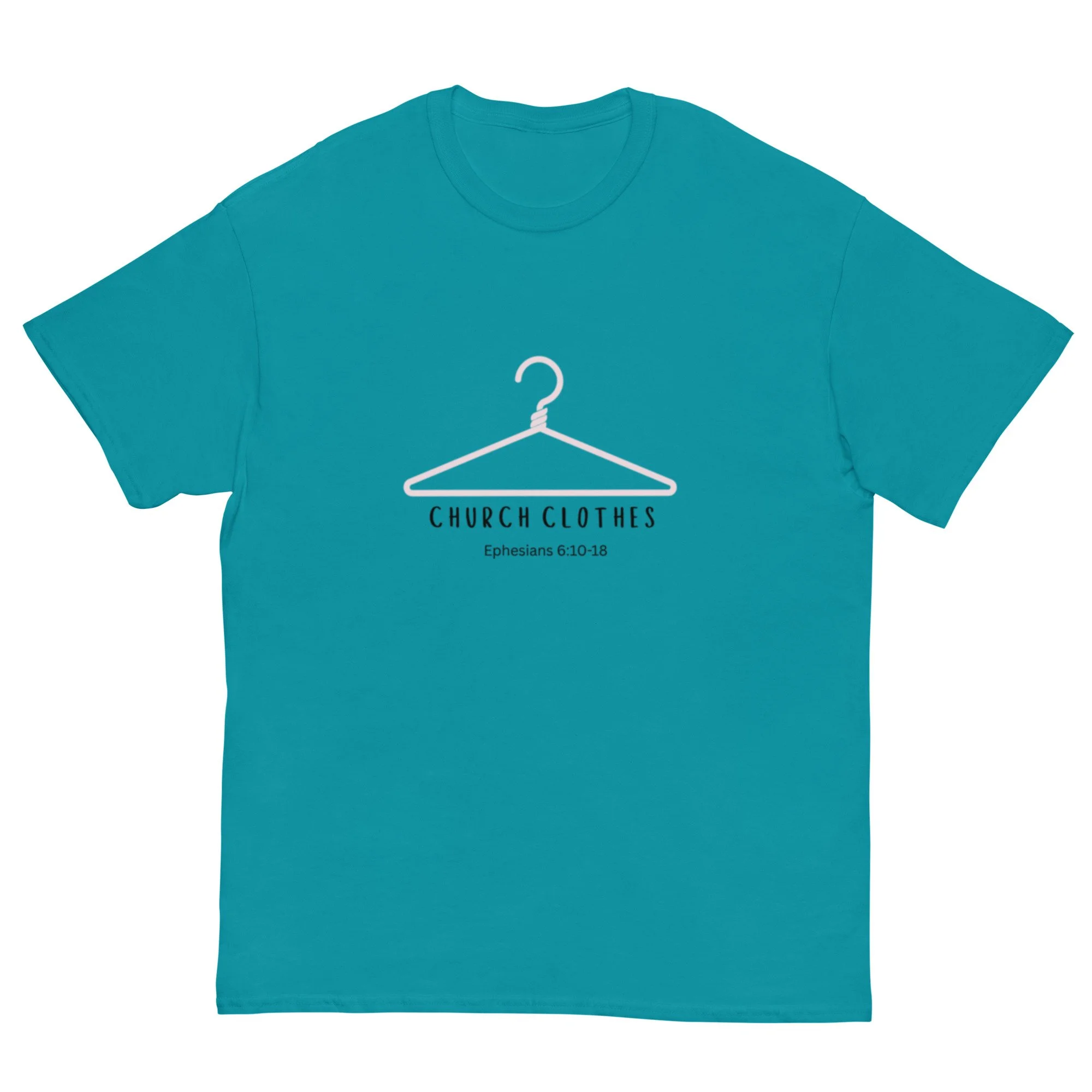 turquoise blue Church Clothes T-shirt with light pink icon. Women's Christian T-shirt.