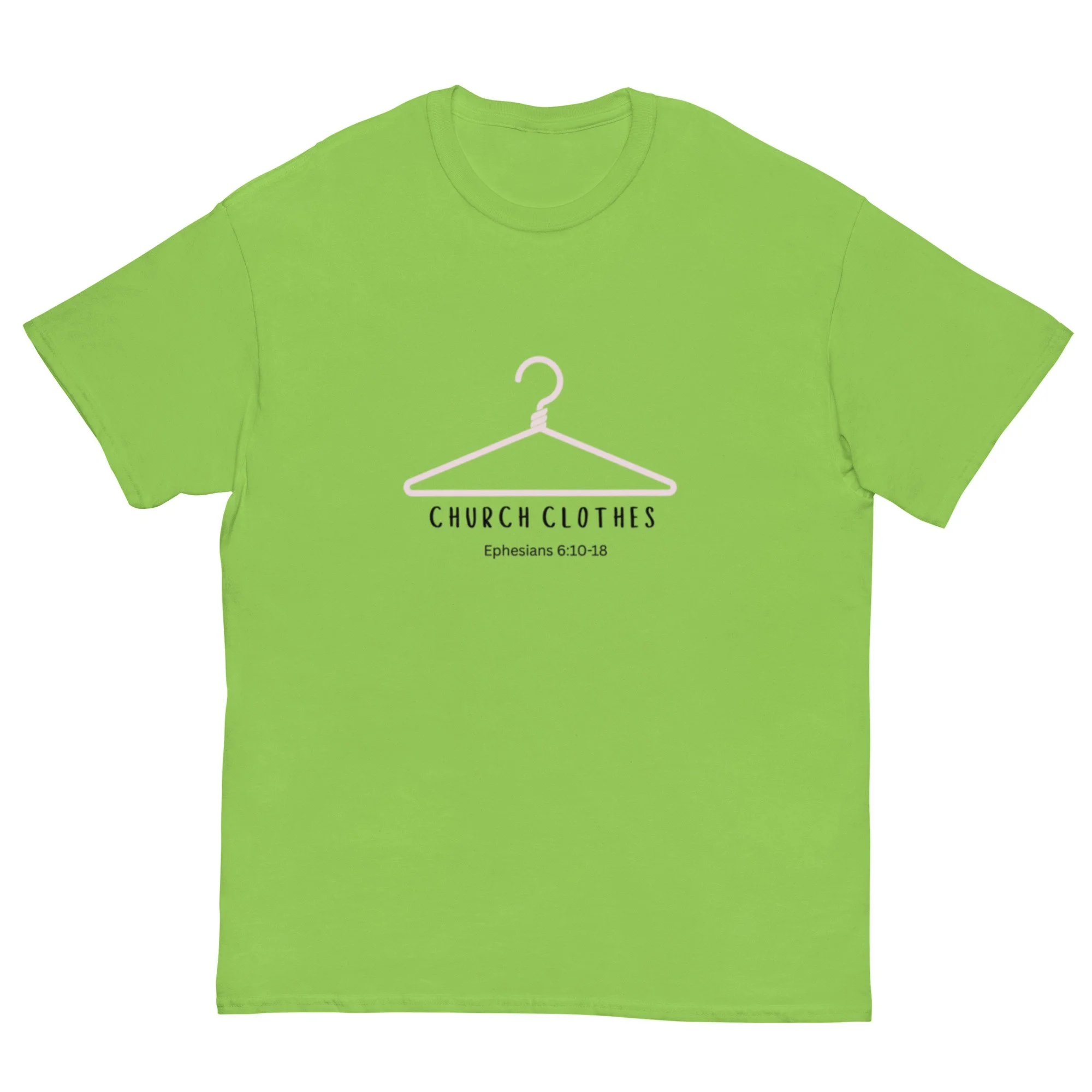 lime green Church Clothes T-shirt with light pink icon. Women's Christian T-shirt.