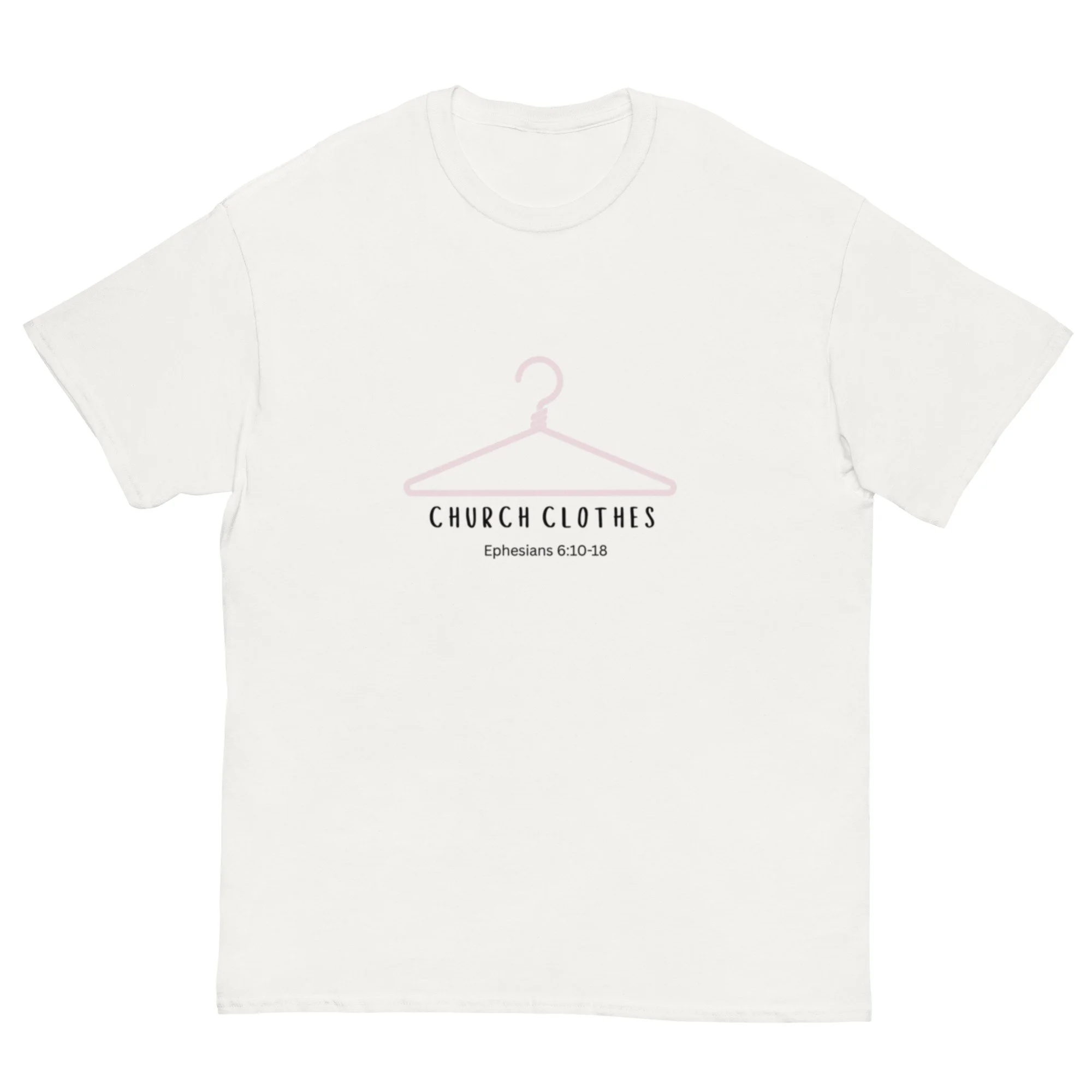white Church Clothes T-shirt with light pink icon. Women's Christian T-shirt.