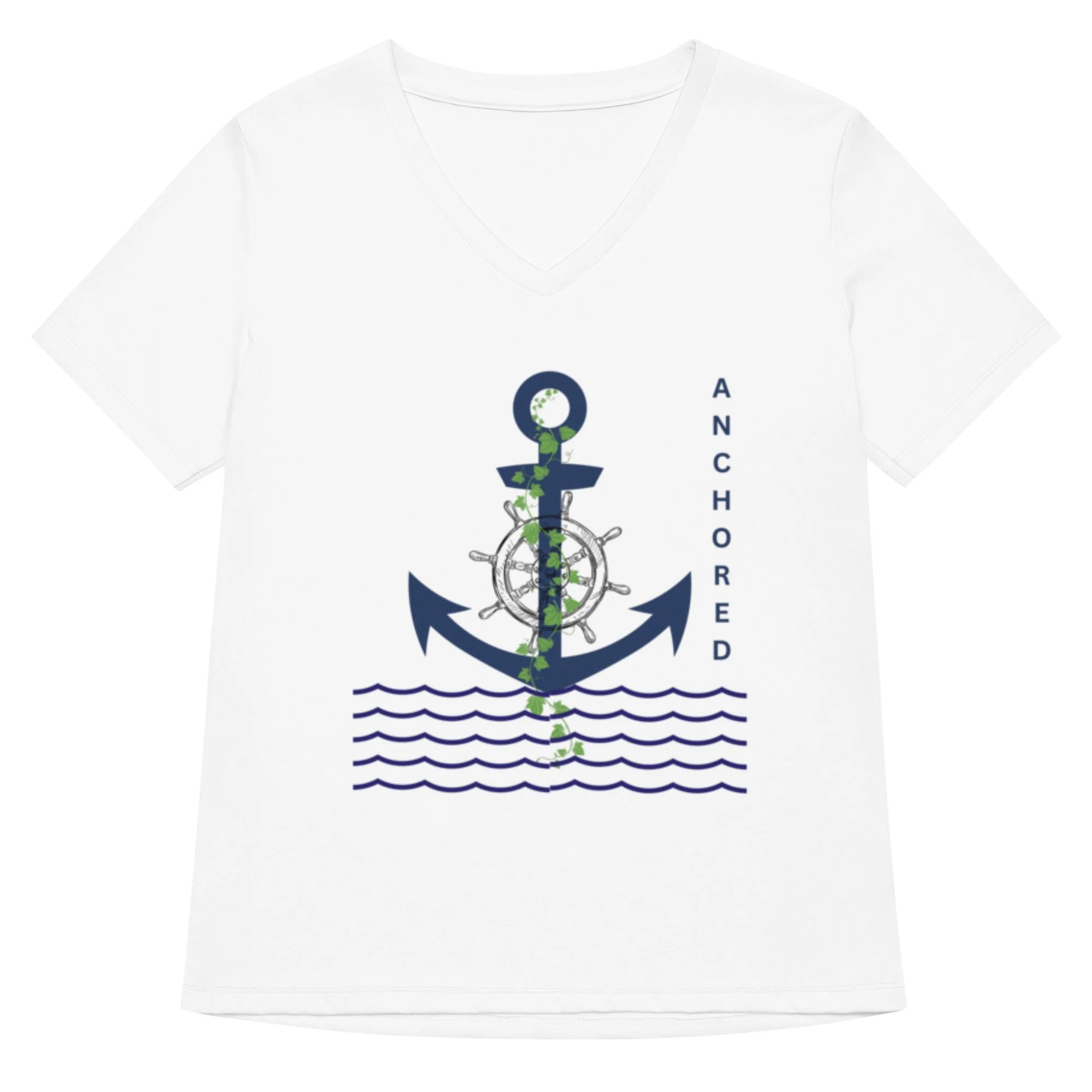 white Achored V-neck T-shirt with blue anchor, ships wheel, and green vine icon