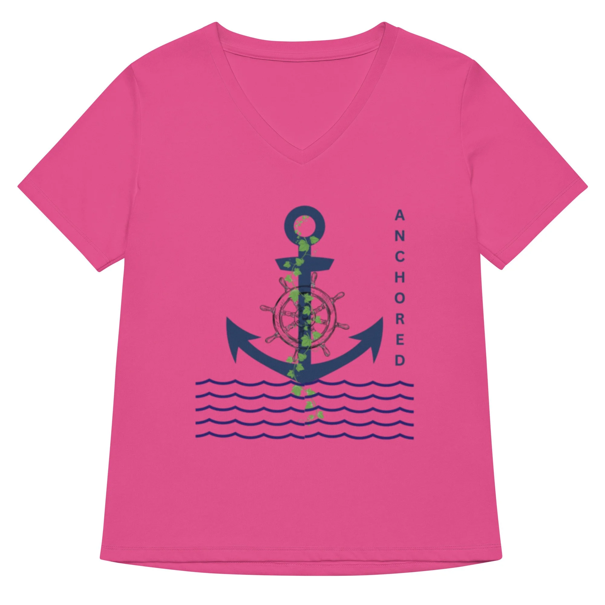 pink Achored V-neck T-shirt with blue anchor, ships wheel, and green vine icon