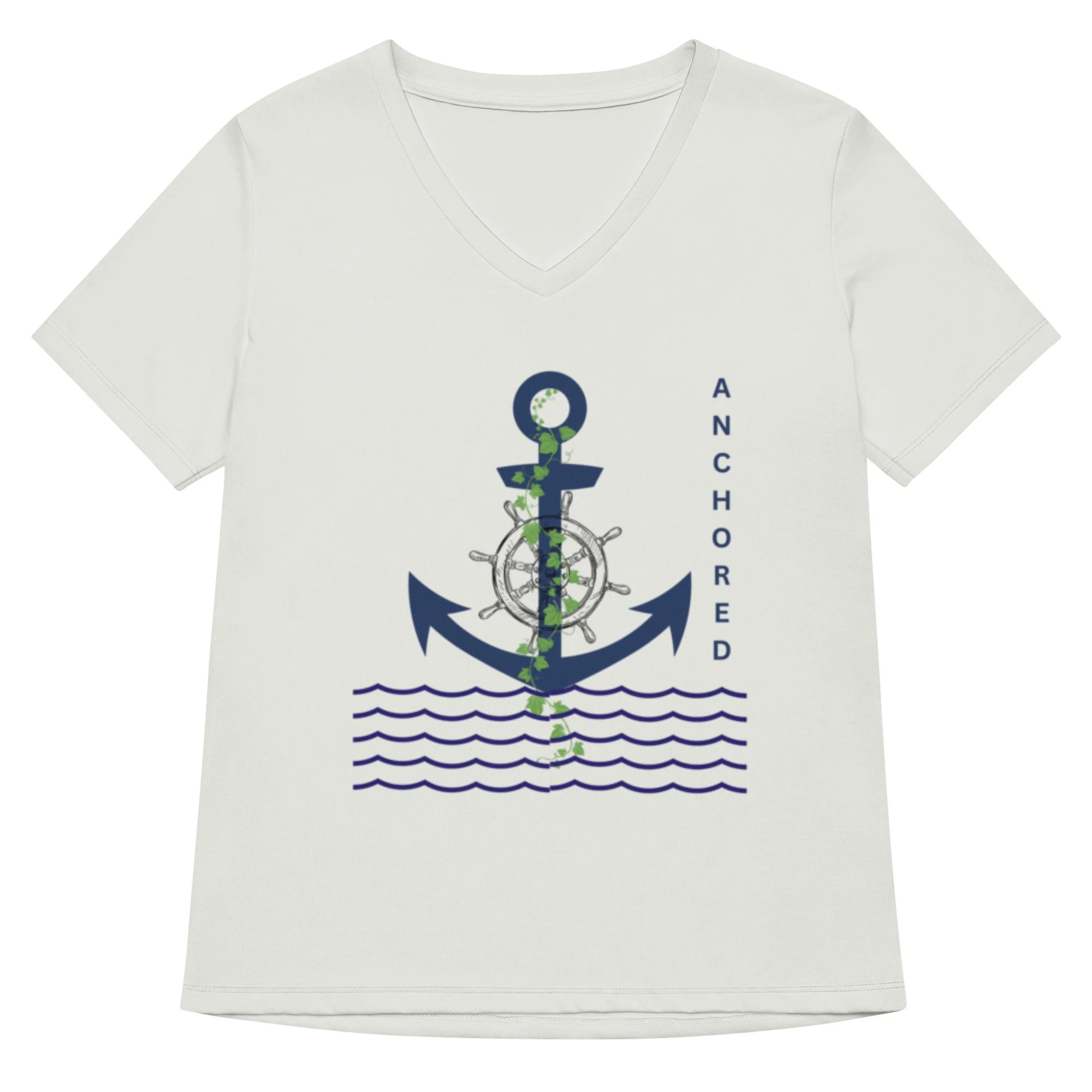 silver Achored V-neck T-shirt with blue anchor, ships wheel, and green vine icon
