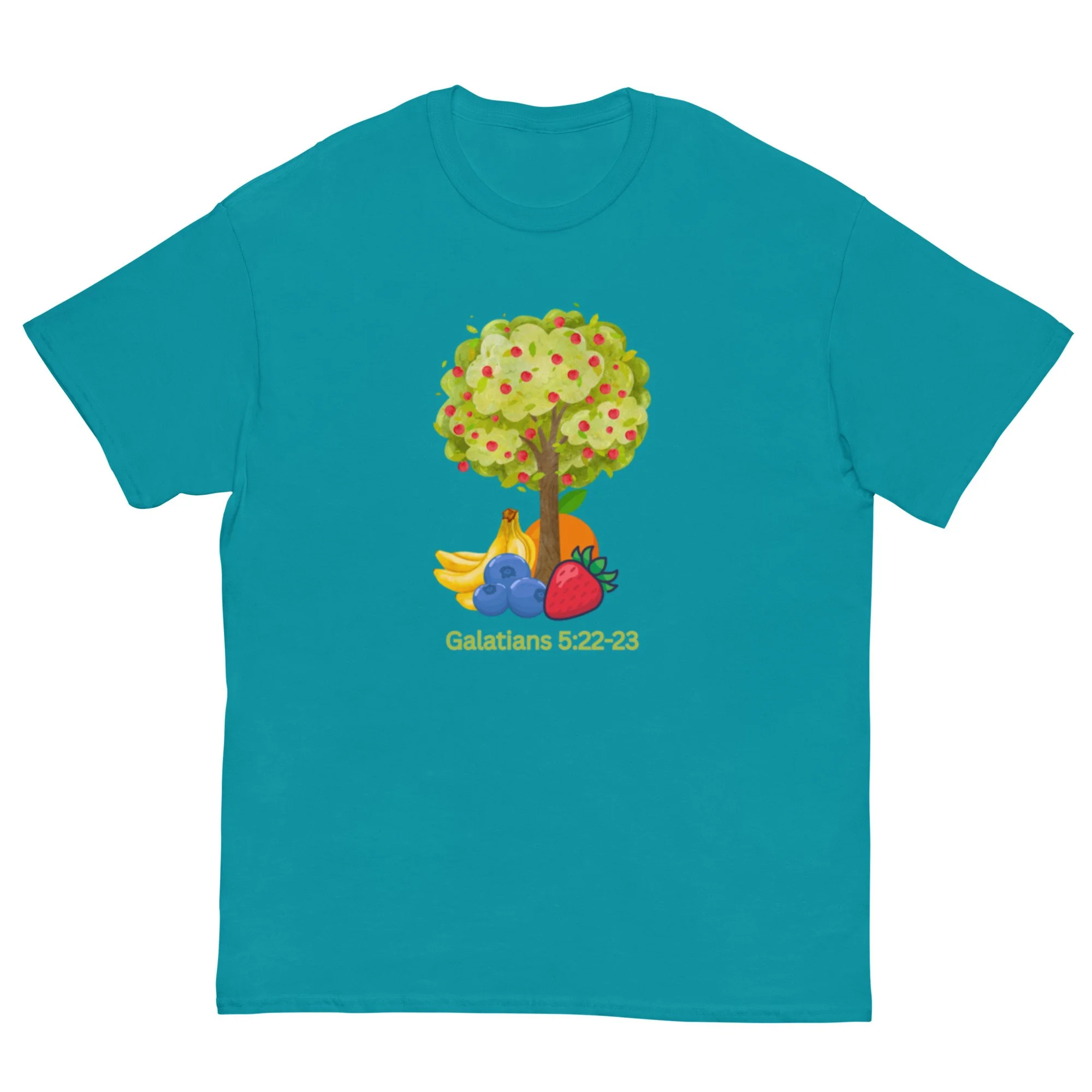 turquoise blue Galatians 5:22-23 T-shirt with tree and fruit icon. Women's Christian T-shirt.