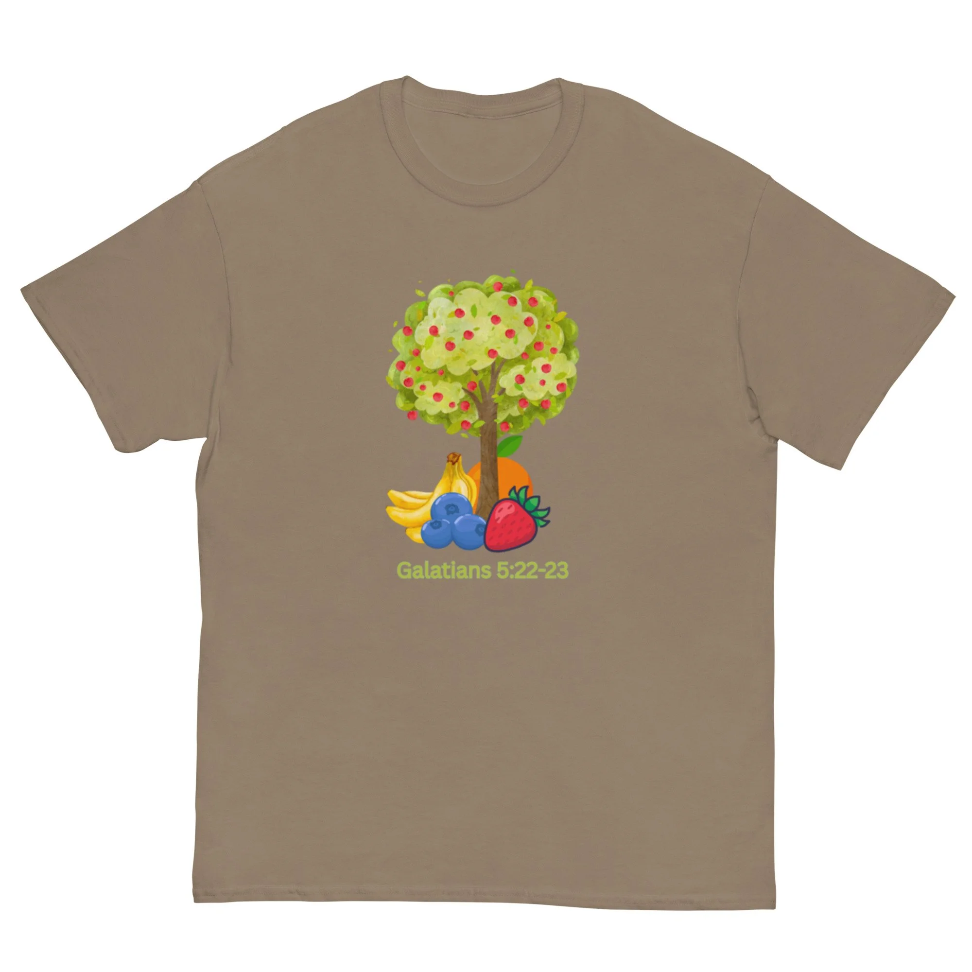 brown Galatians 5:22-23 T-shirt with tree and fruit icon. Women's Christian T-shirt.