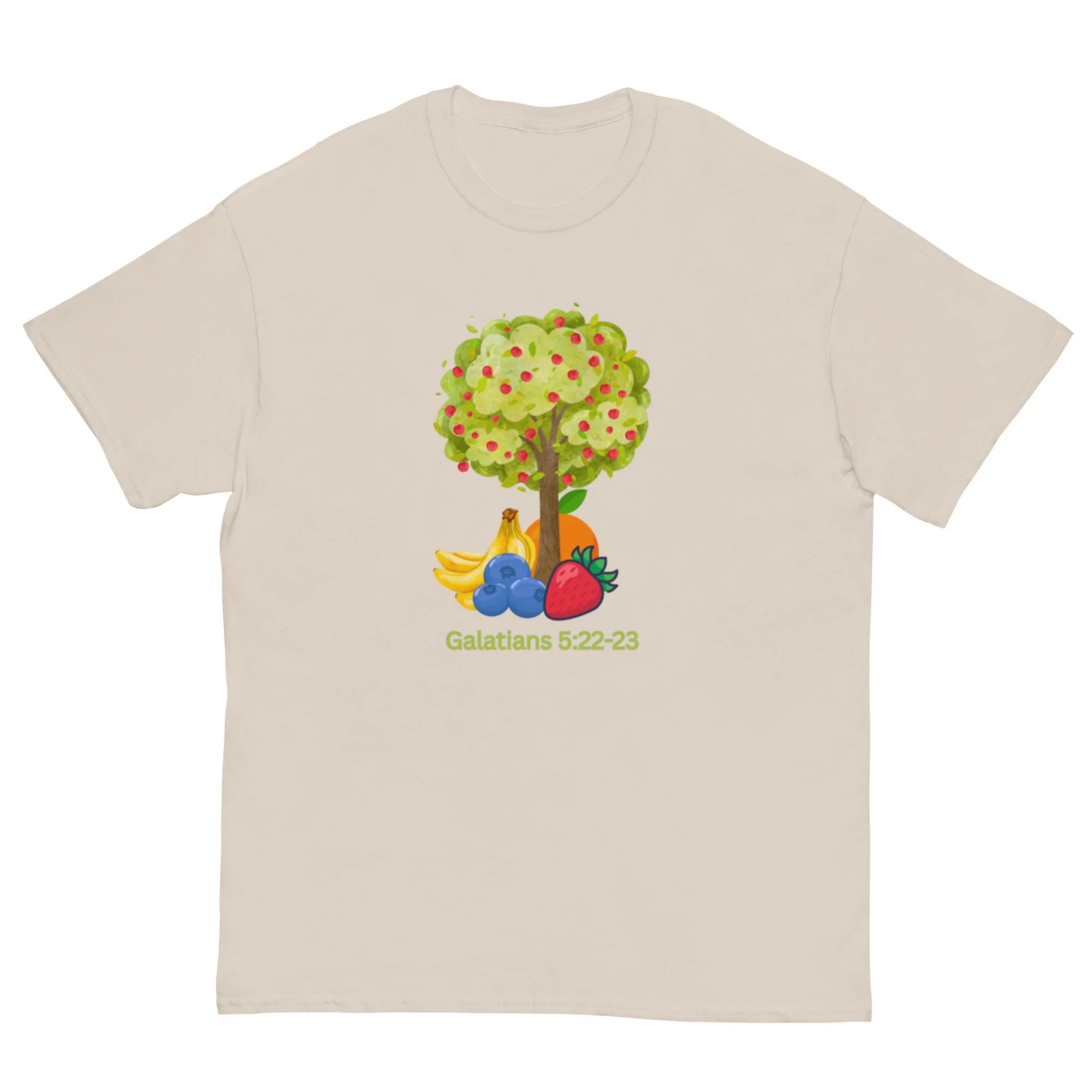 natural Galatians 5:22-23 T-shirt with tree and fruit icon. Women's Christian T-shirt.
