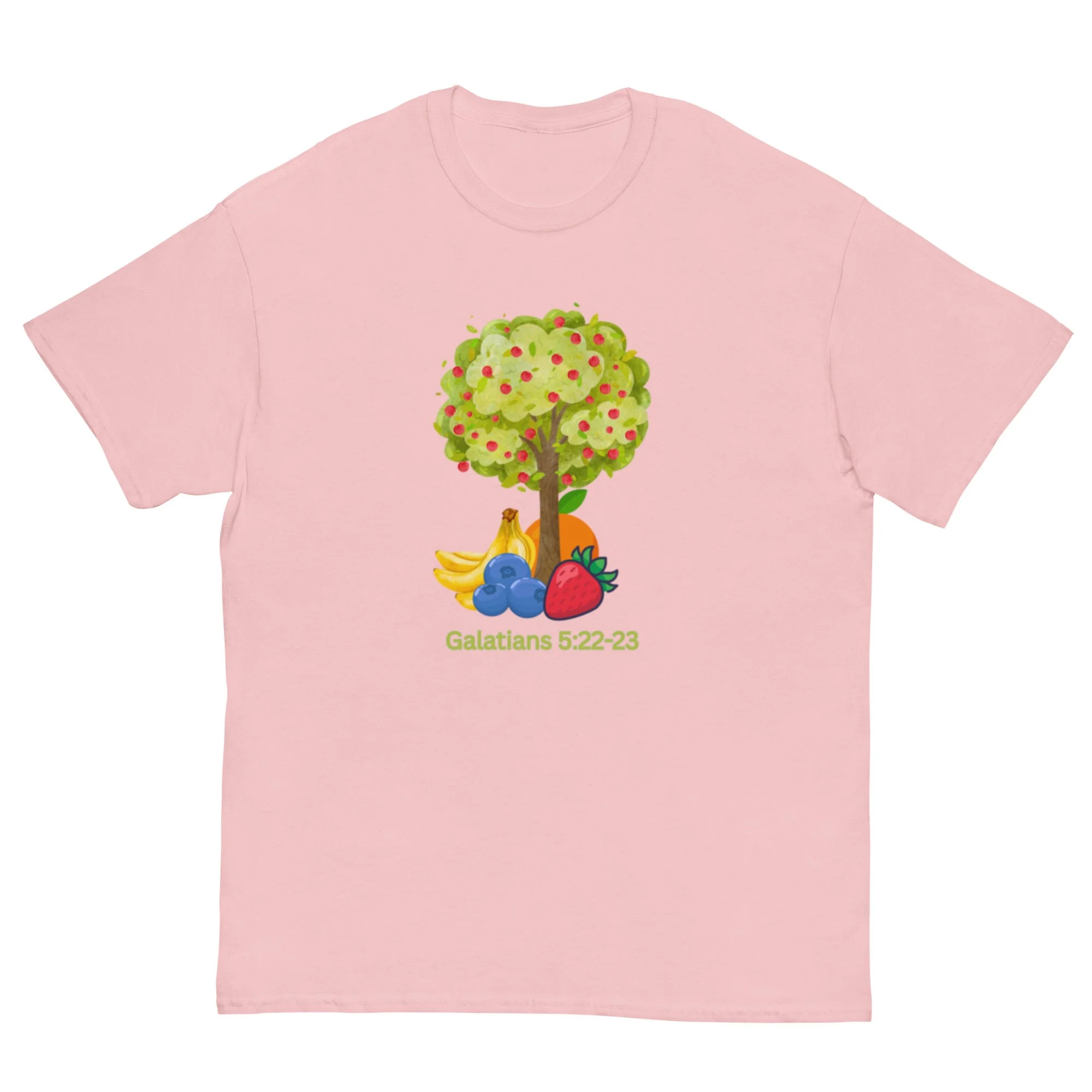 light pink Galatians 5:22-23 T-shirt with tree and fruit icon. Women's Christian T-shirt.
