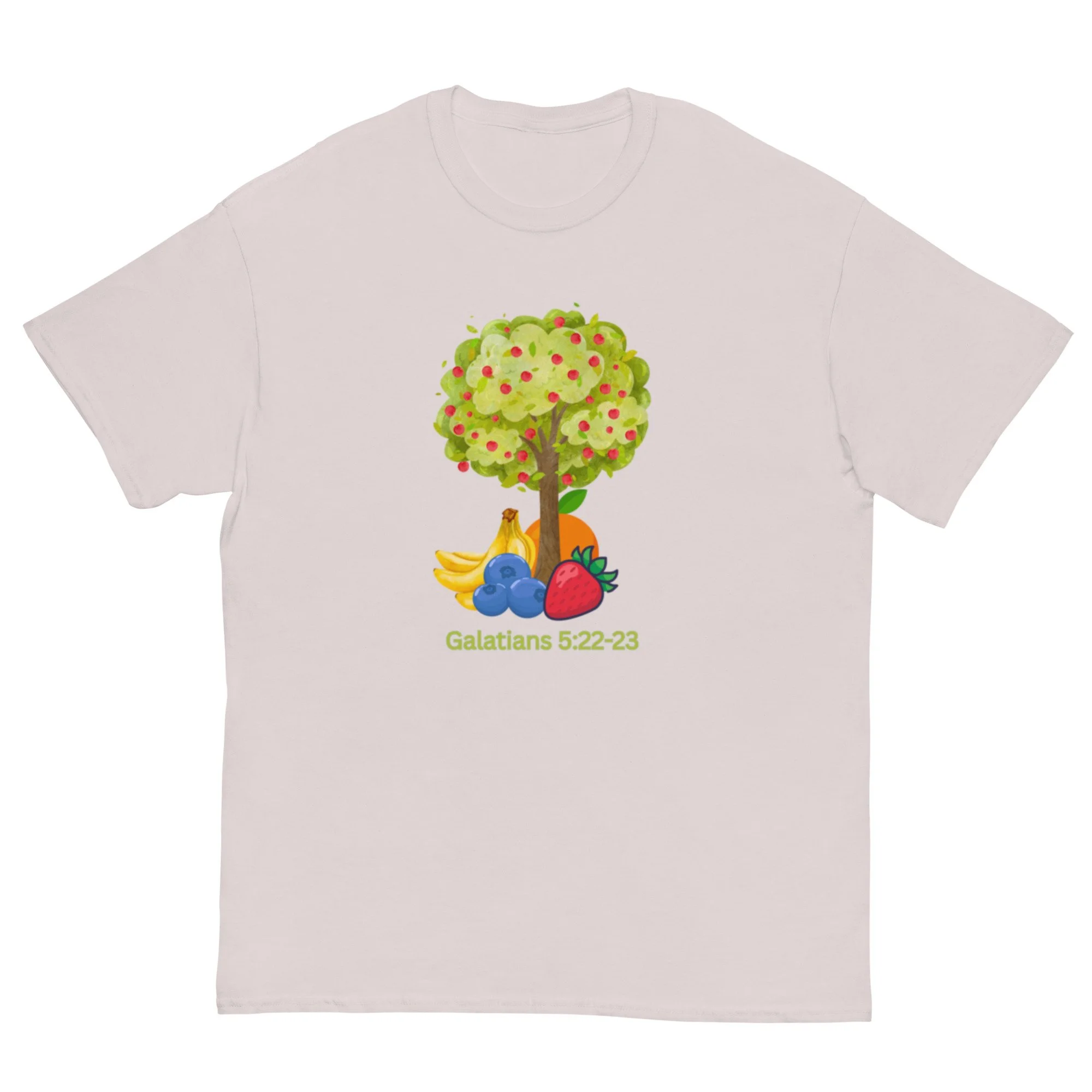 ice grey Galatians 5:22-23 T-shirt with tree and fruit icon. Women's Christian T-shirt.