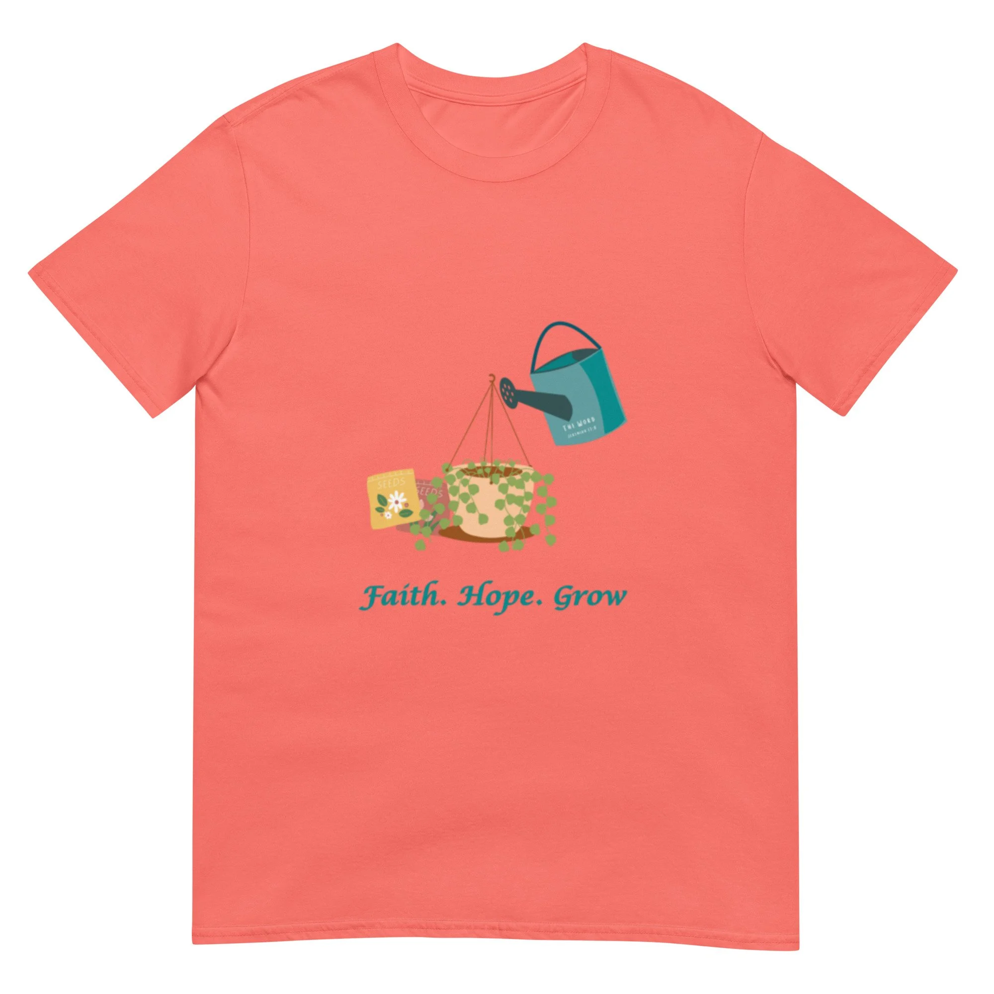 coral peach Faith Hope Grow T-shirt with watering can and plants