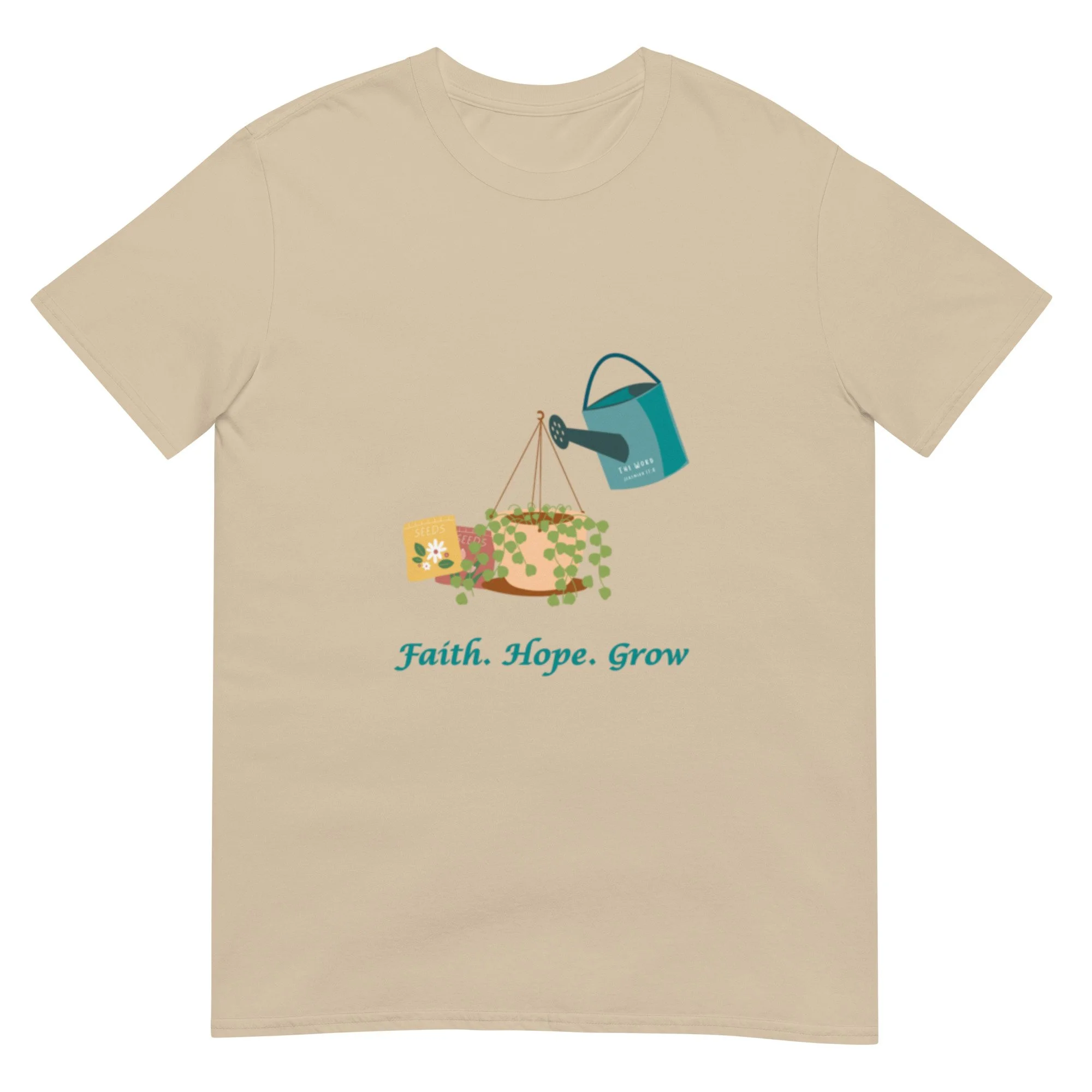 light brown tan color Faith Hope Grow T-shirt with watering can and plants