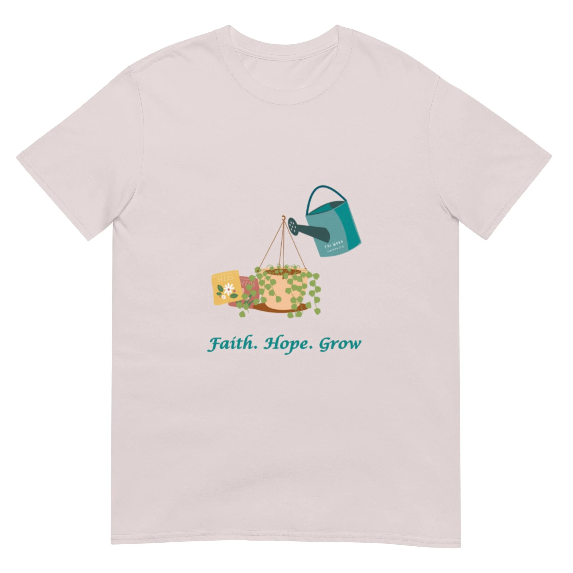 ice grey Faith Hope Grow T-shirt with watering can and plants