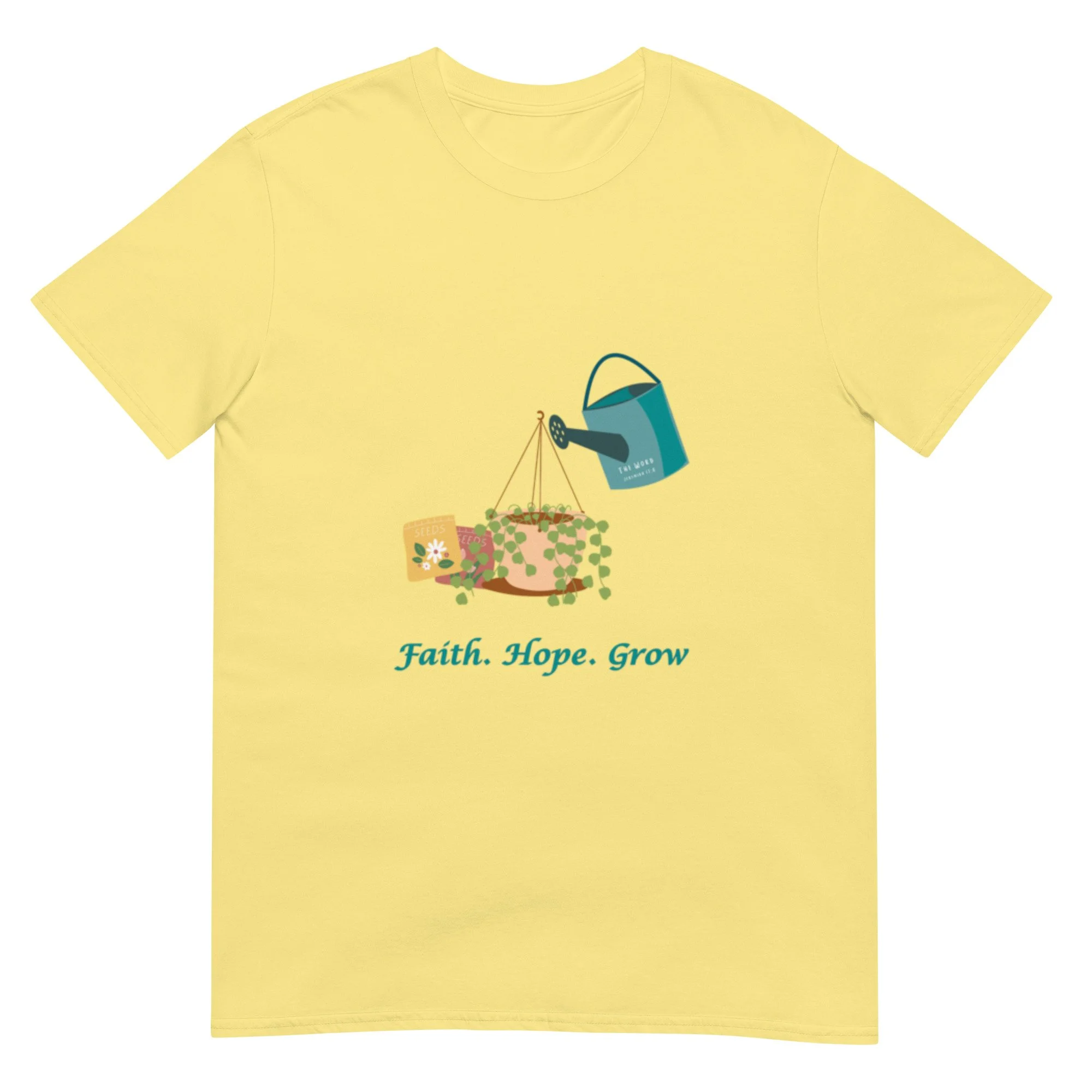 yellow Faith Hope Grow T-shirt with watering can and plants