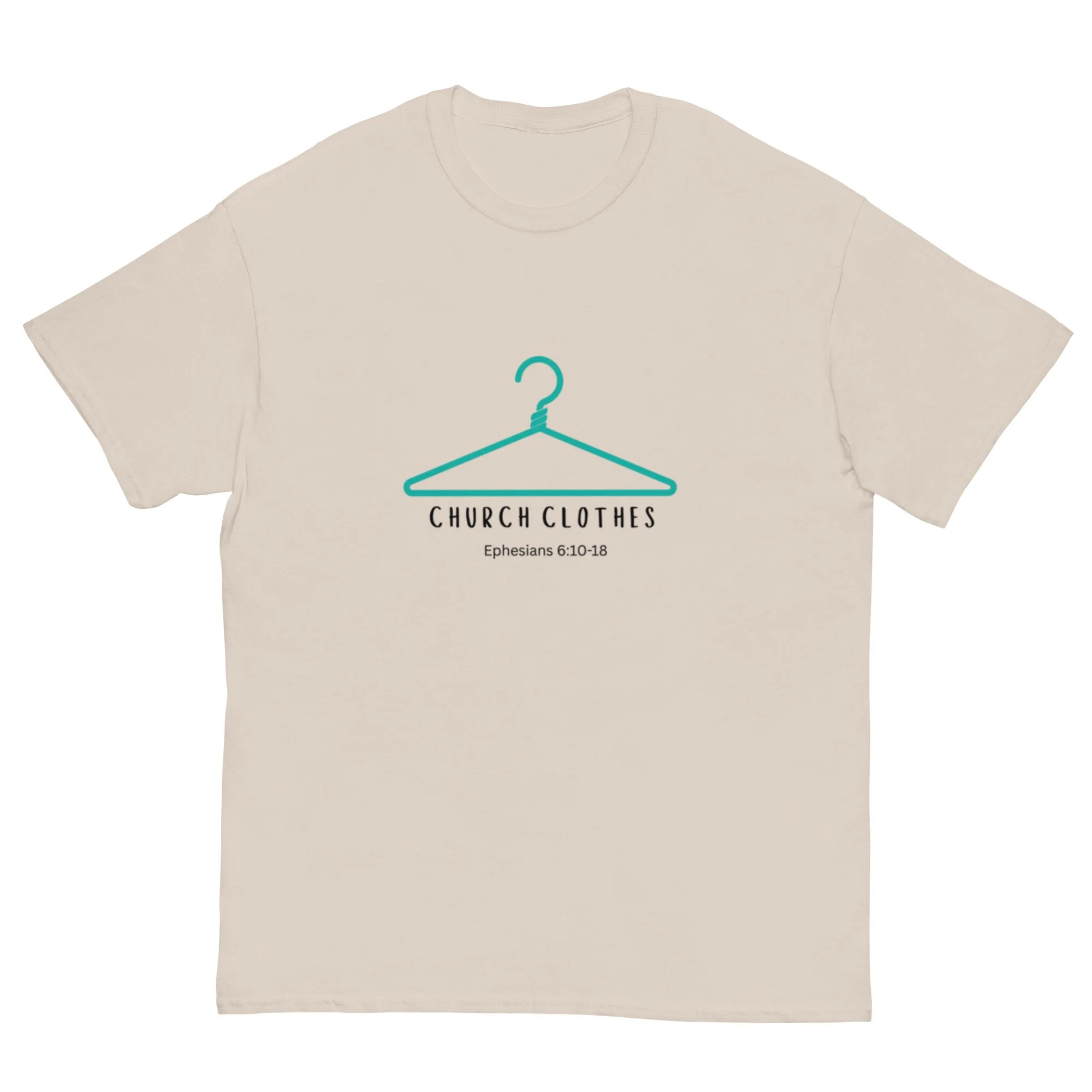 natural or light brown Church Clothes T-shirt with turquoise blue icon