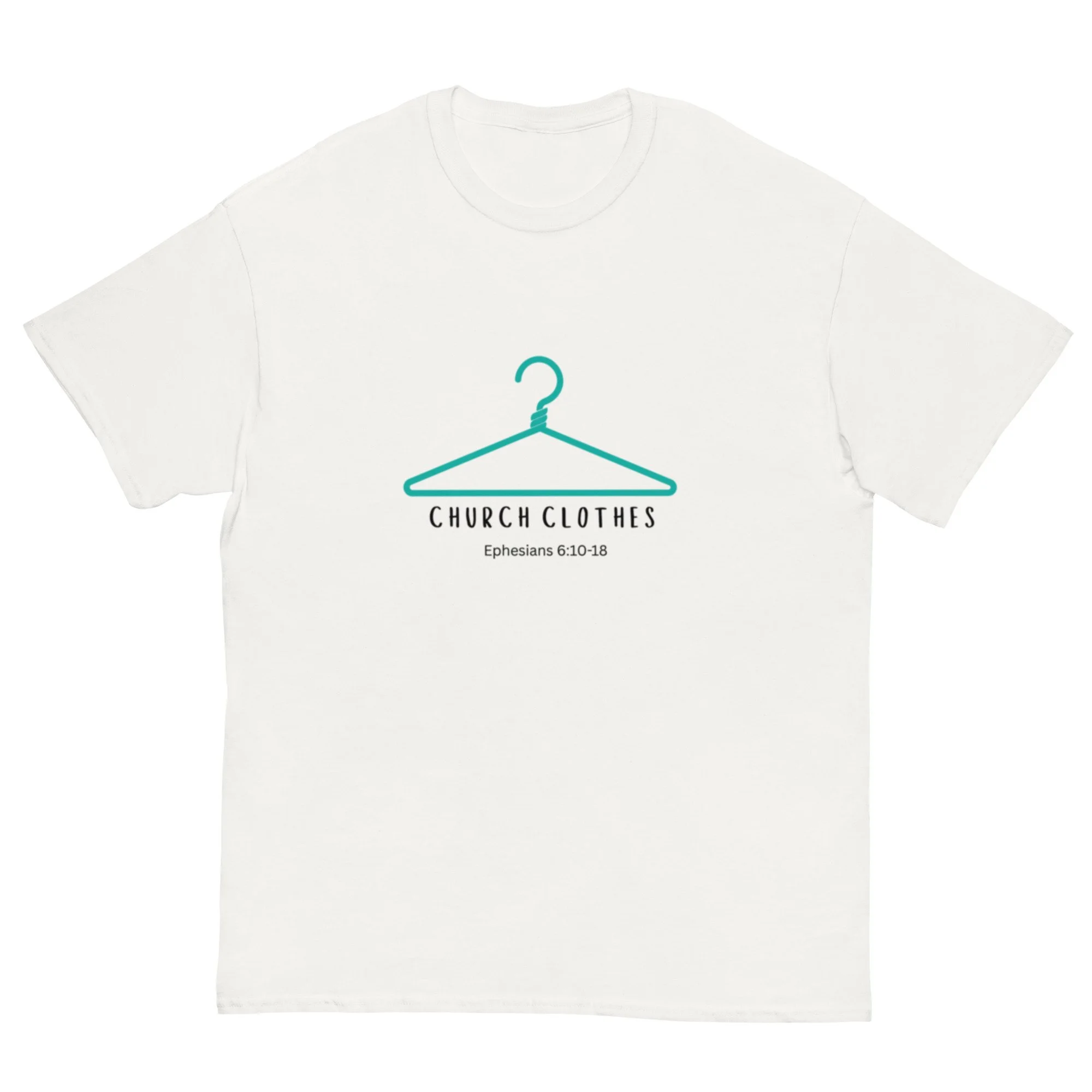 white Church Clothes T-shirt with turquoise blue icon