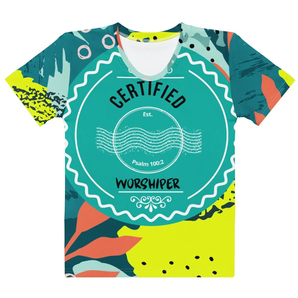 colorful designer crew neck Certified Worshiper T-shirt with turquoise blue circle. Women's Christian T-shirt.