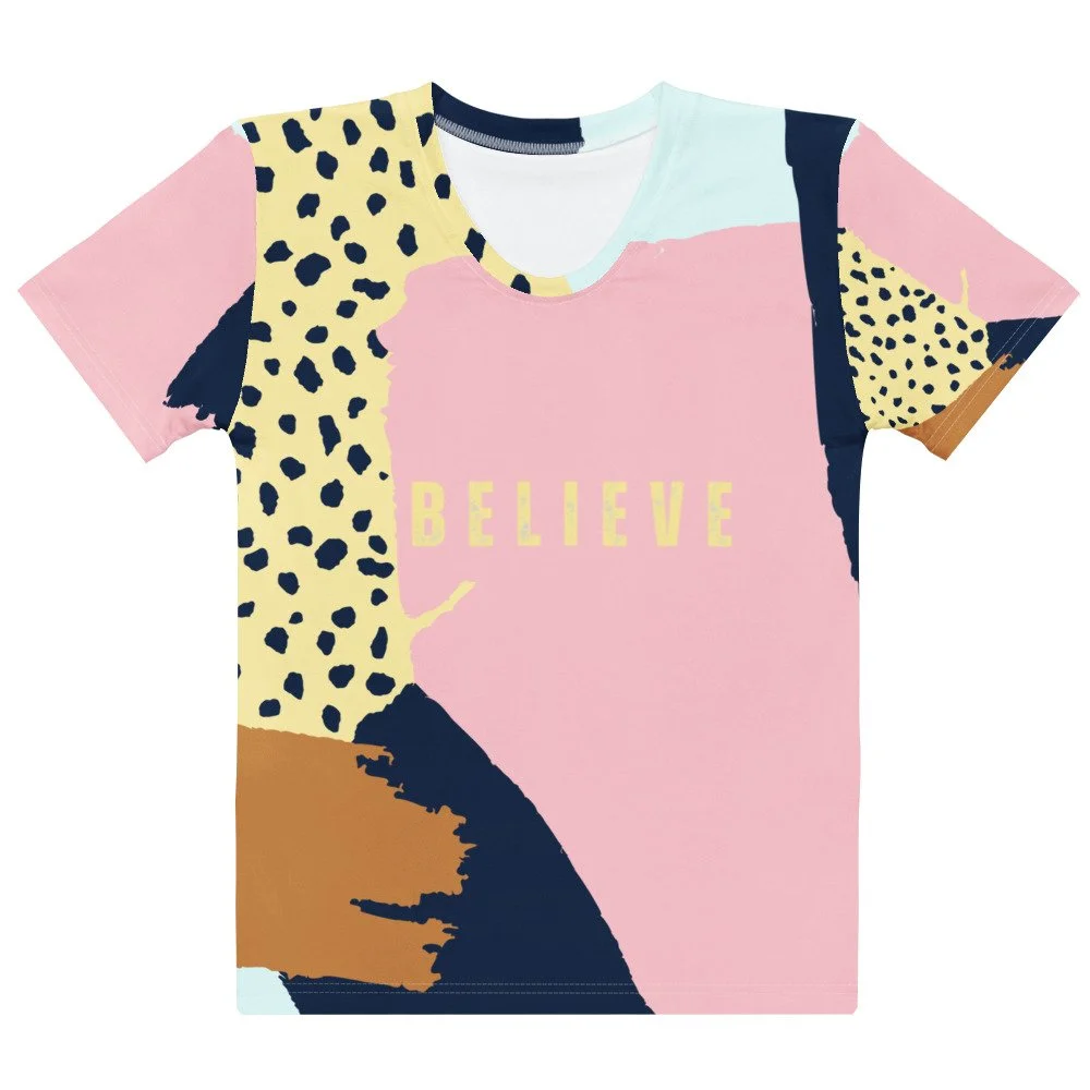 colorful pink and gold/yellow Believe crew neck t-shirt. Women's Christian T-shirt.