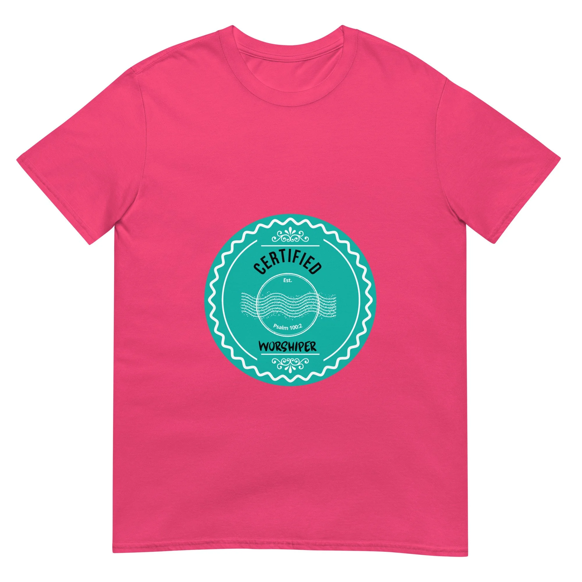 pink Certified Worshiper T-shirt with turquoise blue circle icon. Women's Christian T-Shirt.