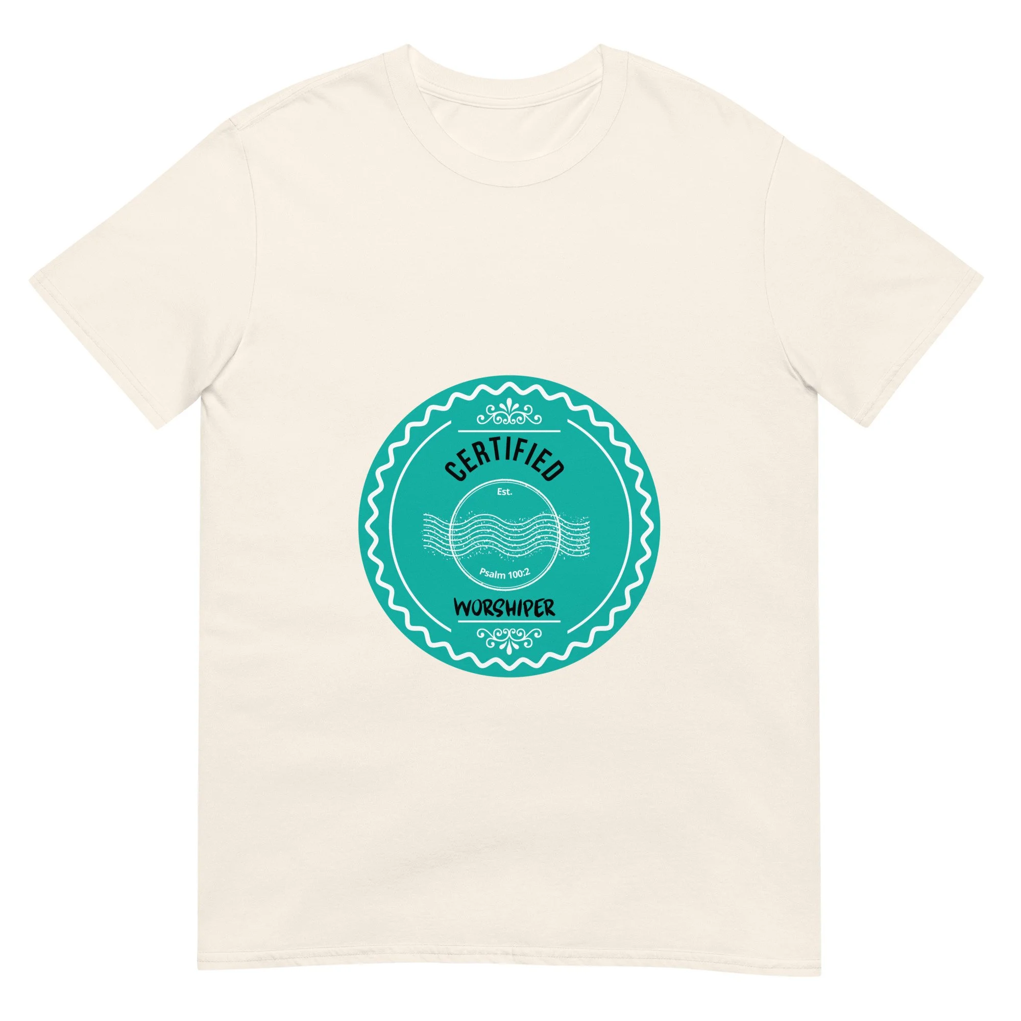 natural color Certified Worshiper T-shirt with turquoise blue circle icon. Women's Christian T-Shirt.