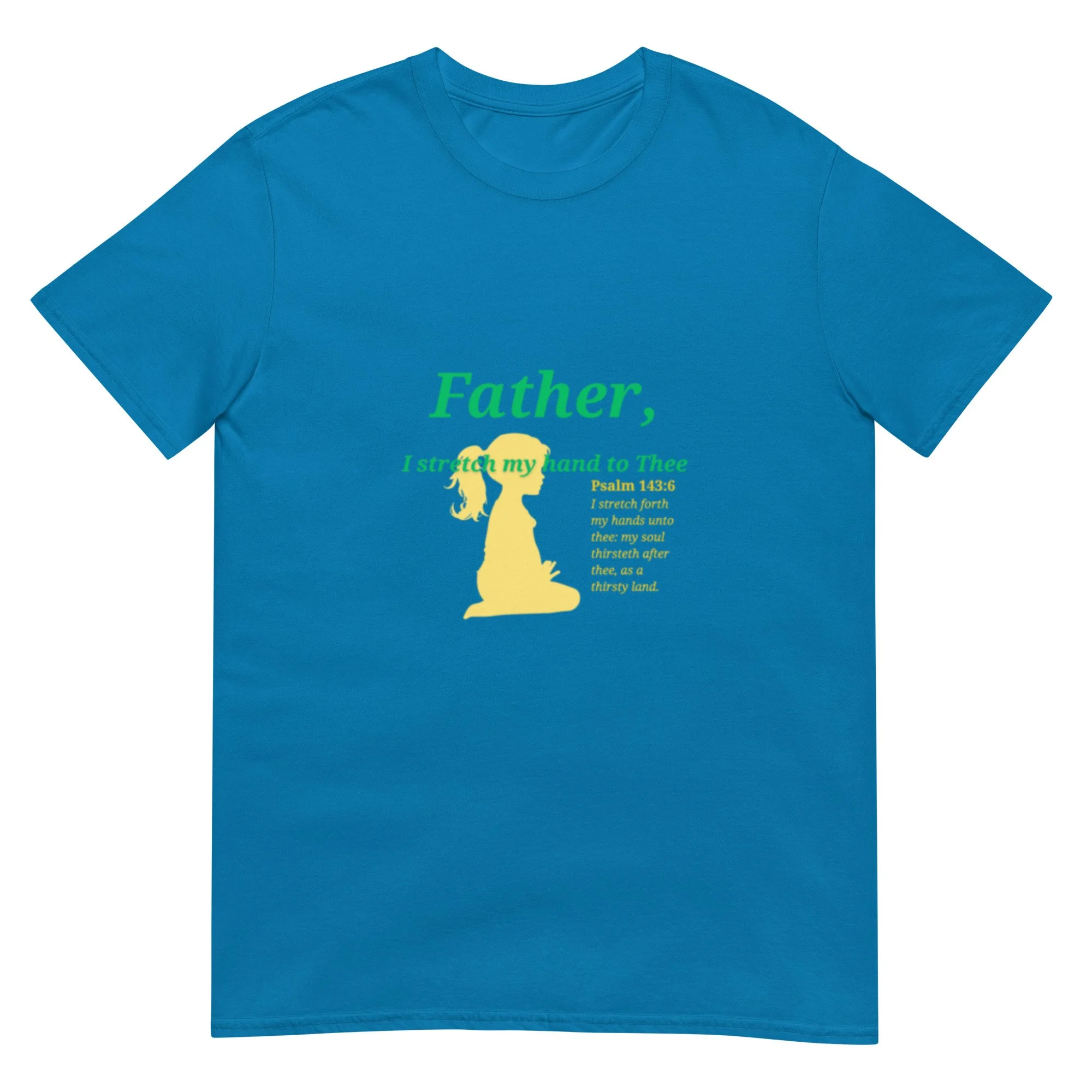 blue Father, I stretch my hand to Thee t-shirt with green letter, scripture verse, and yellow icon of little girl. Women's Christian T-shirt.