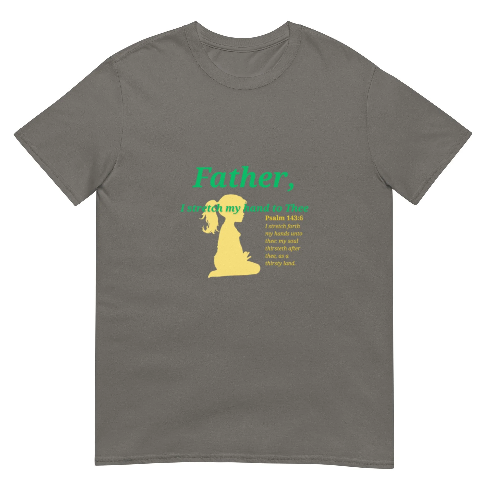 charcoal grey Father, I stretch my hand to Thee t-shirt with green letter, scripture verse, and yellow icon of little girl. Women's Christian T-shirt.