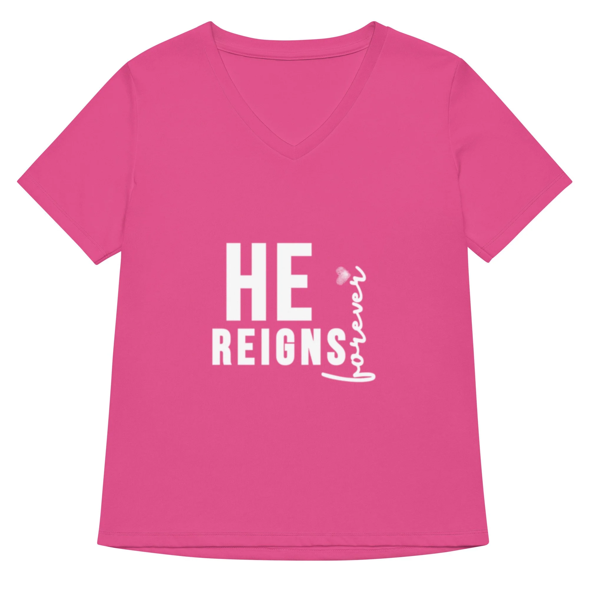 blue pink He Reigns Forever V-neck T-shirt with white letters