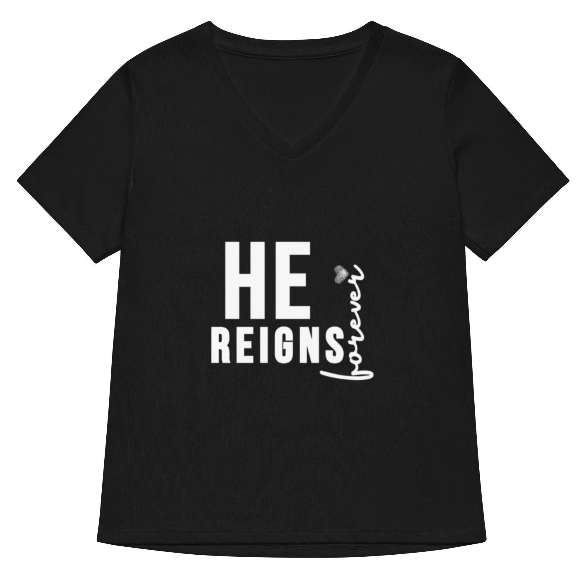 blue black He Reigns Forever V-neck T-shirt with white letters