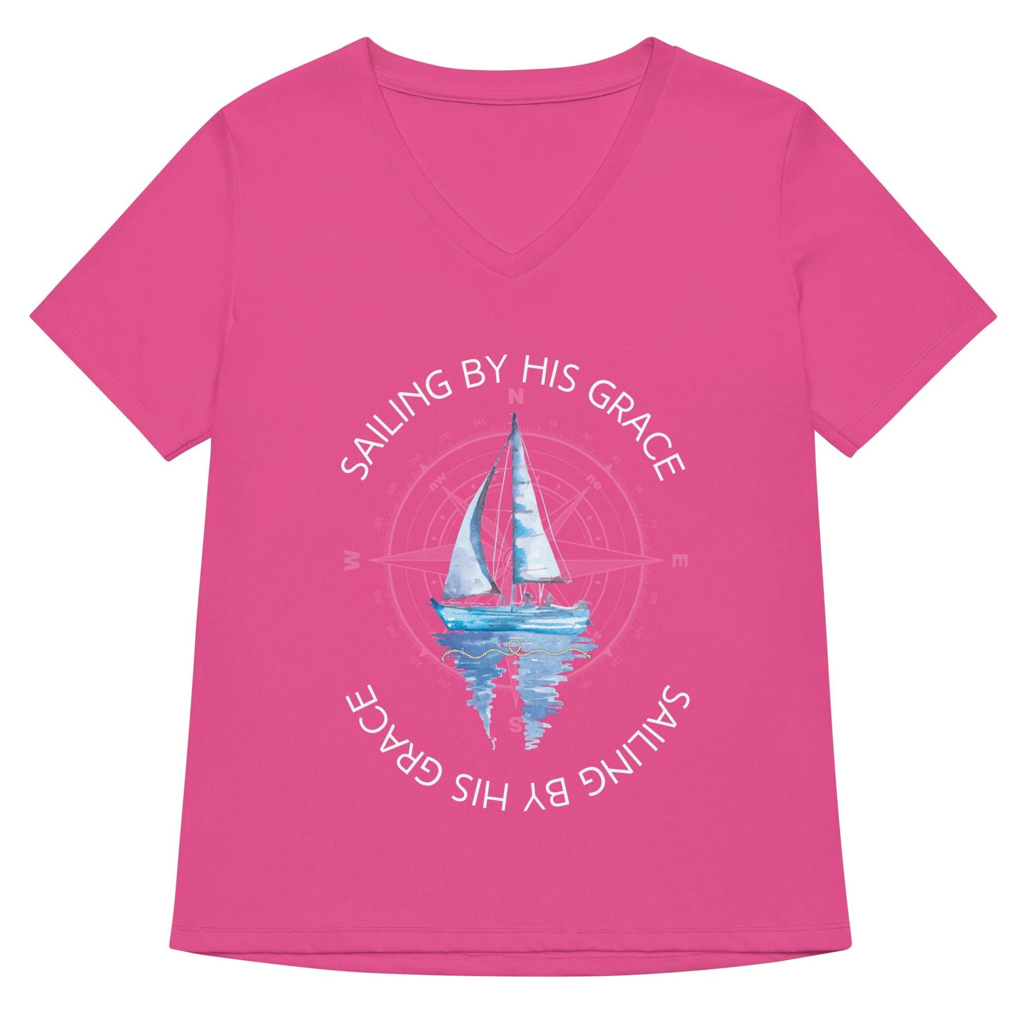 pink Sailing by His Grace V-neck T-shirt with white letters, sailboat and compass icon. Women's Christian T-shirt.