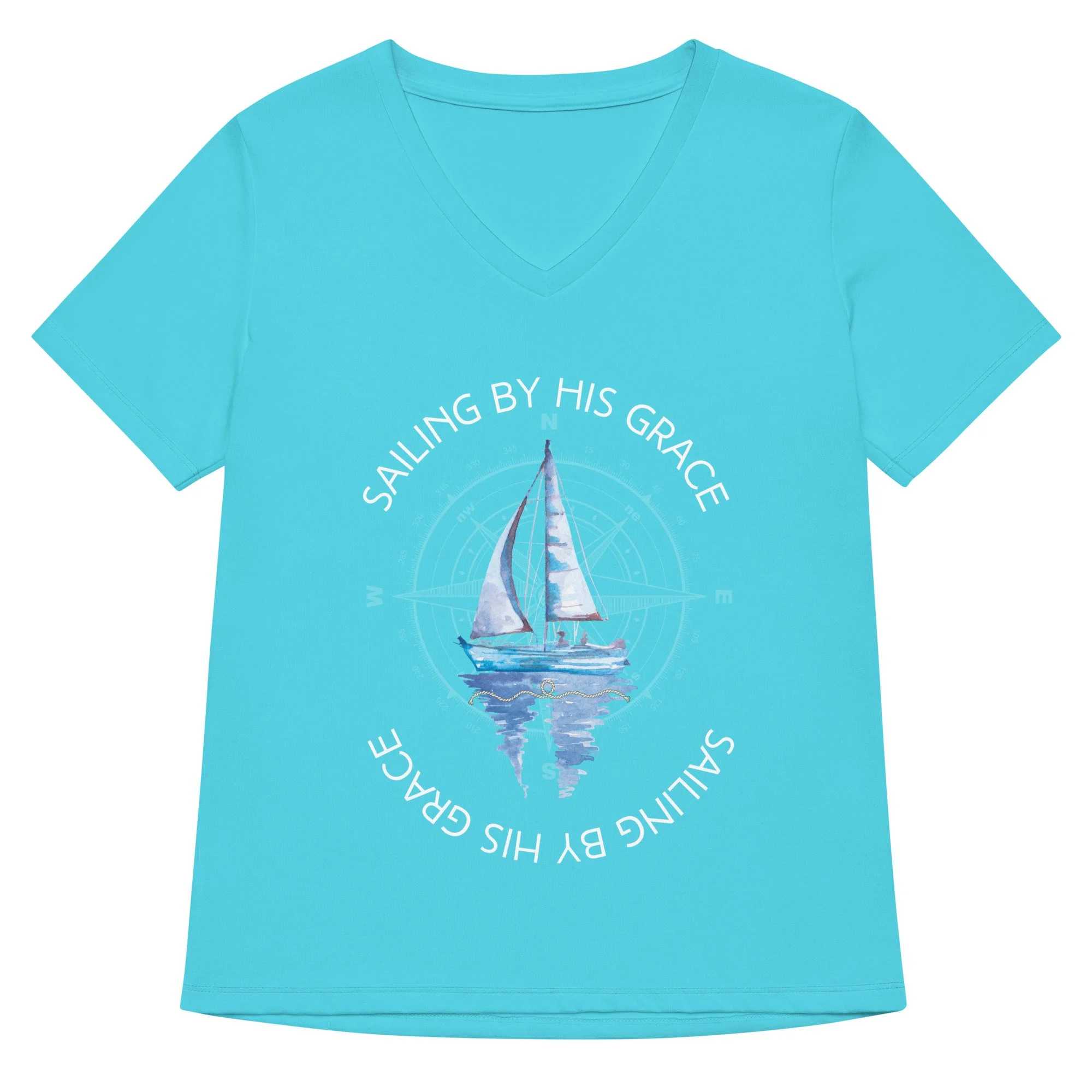 blue Sailing by His Grace V-neck T-shirt with white letters, sailboat and compass icon. Women's Christian T-shirt.