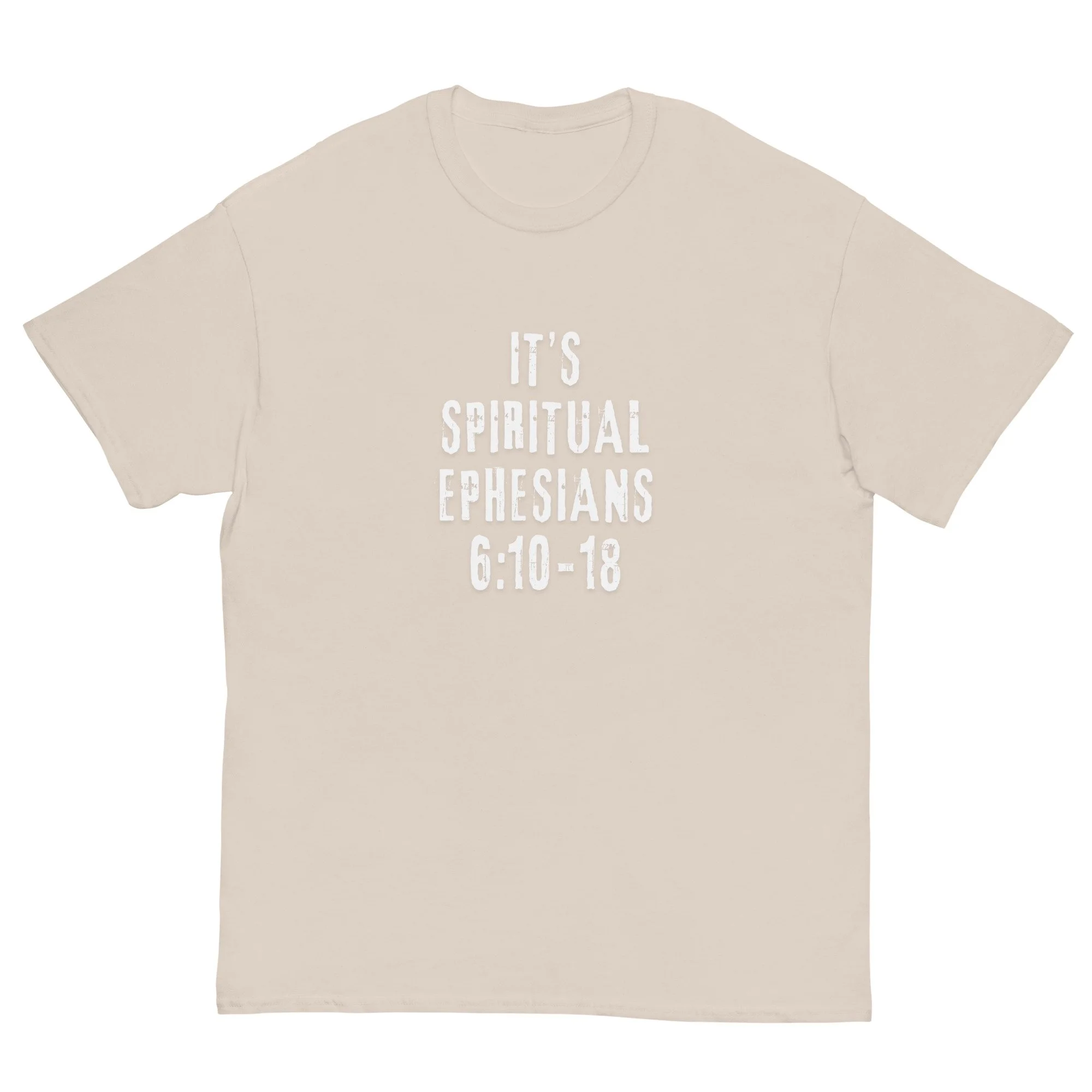 light brown It's Spiritual Ephesians 6:10-18 T-shirt with white letters. Women's Christian T-shirt.