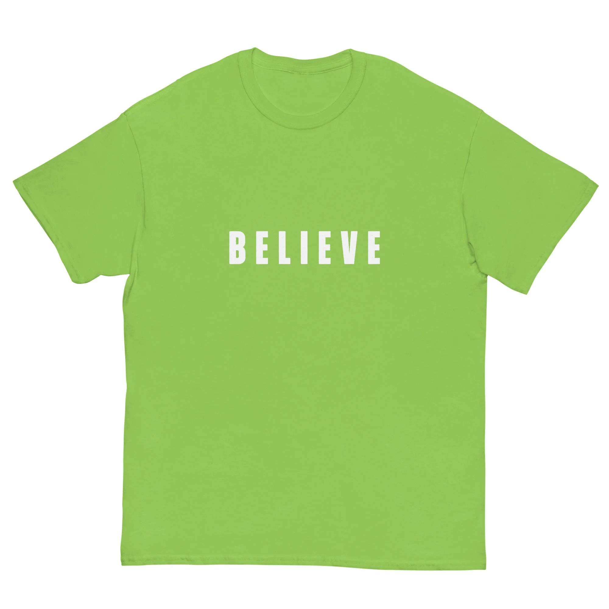 lime green Believe T-shirt with white letters. Women's Christian T-shirt.