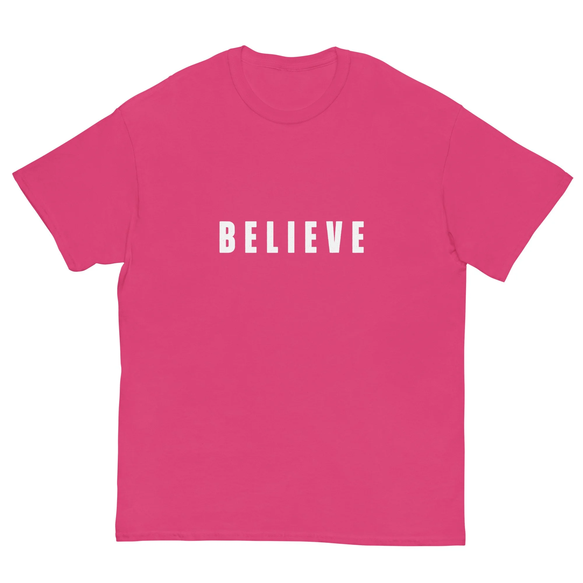 pink Believe T-shirt with white letters. Women's Christian T-shirt.