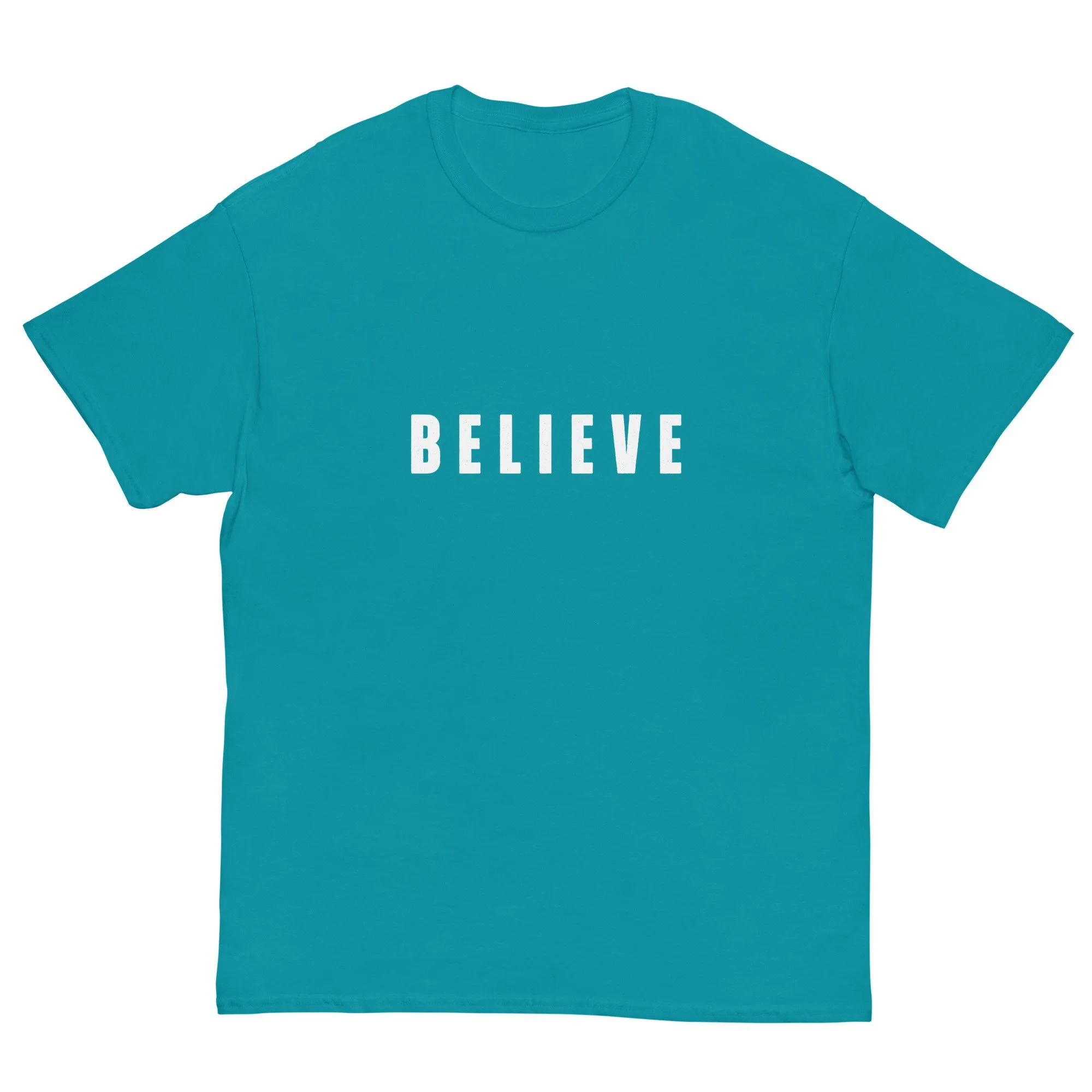 turquoise blue Believe T-shirt with white letters. Women's Christian T-shirt.