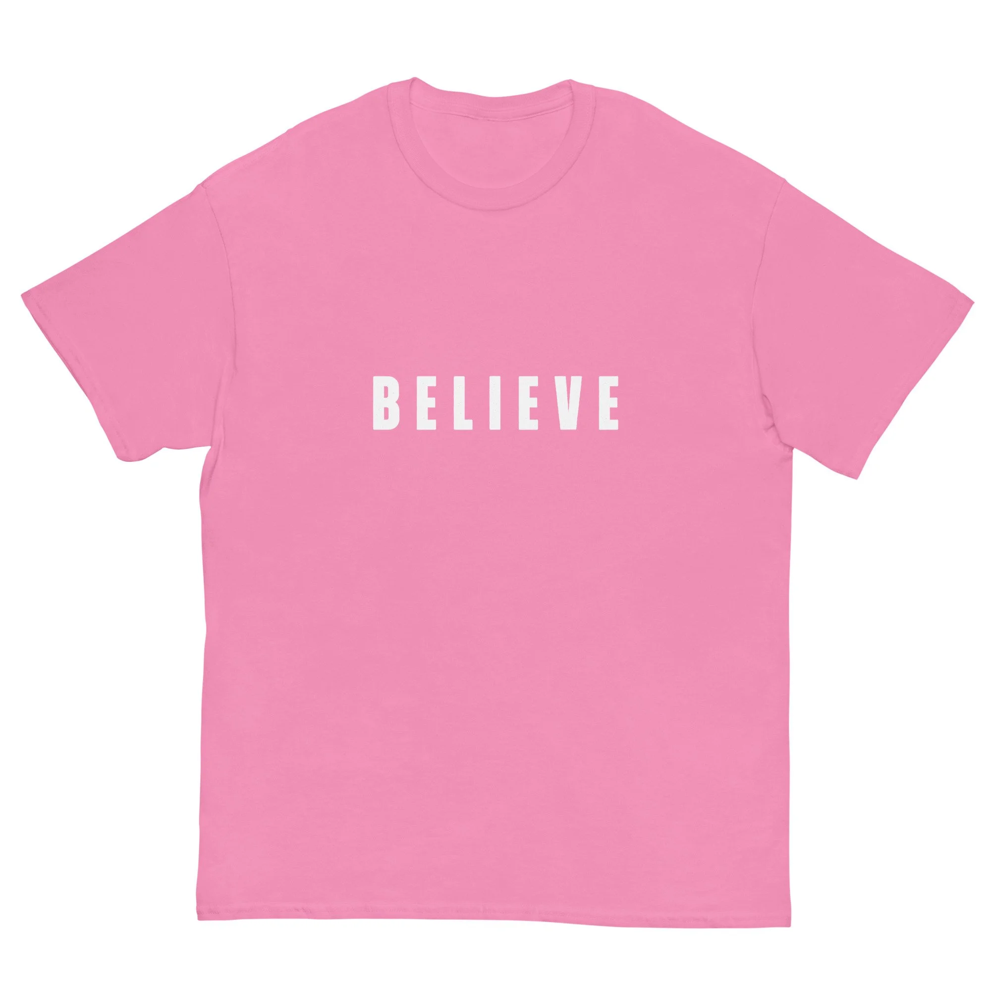 pink Believe T-shirt with white letters. Women's Christian T-shirt.