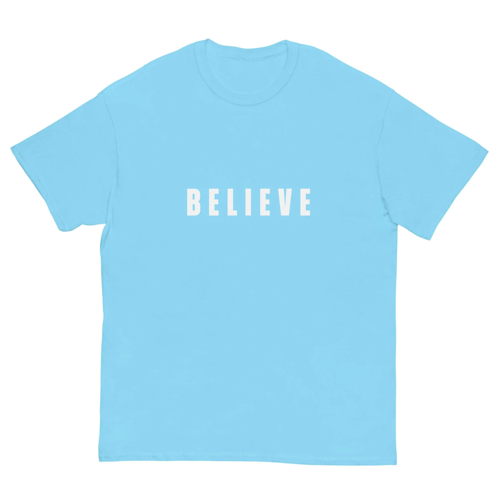 light blue Believe T-shirt with white letters. Women's Christian T-shirt.