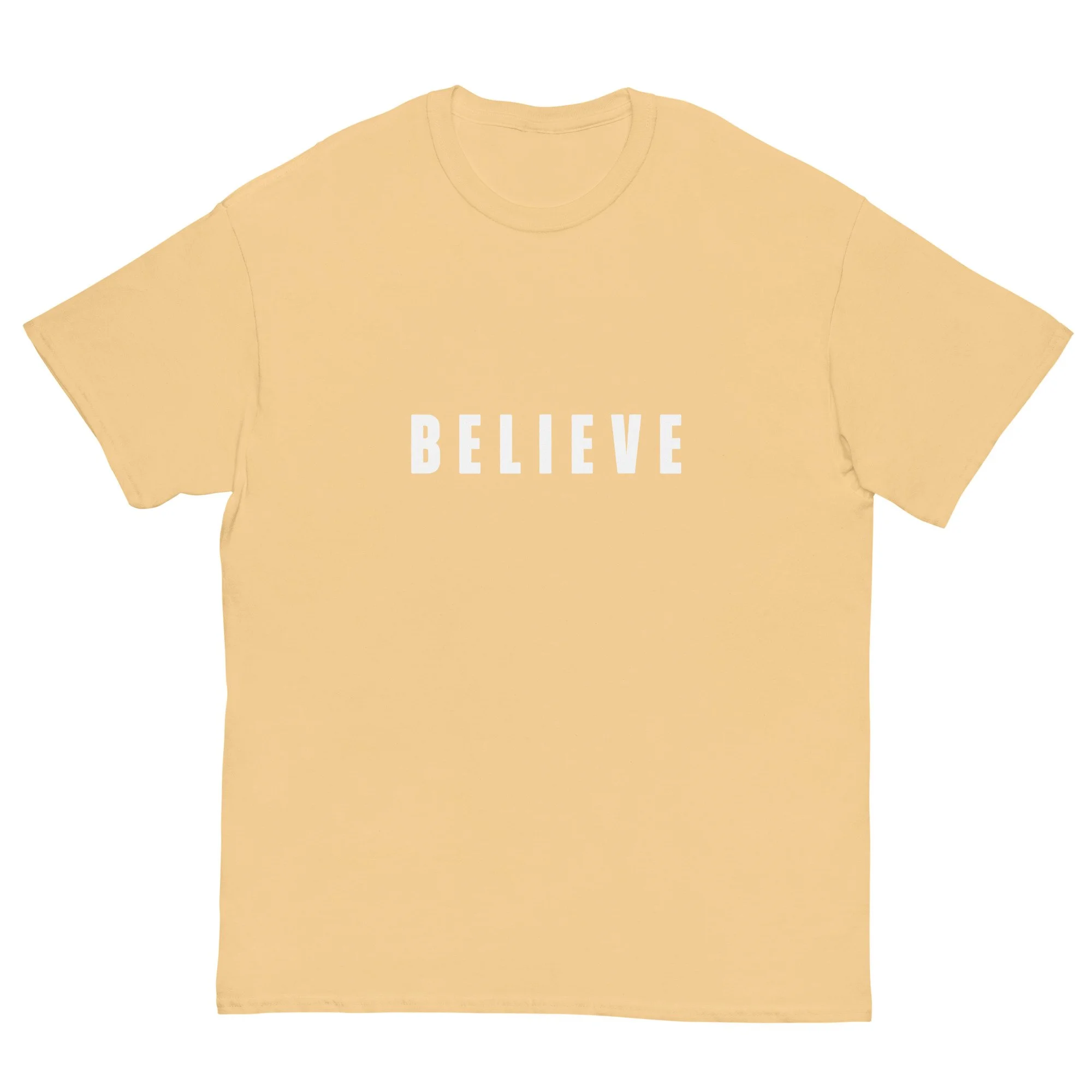 yellow Believe T-shirt with white letters. Women's Christian T-shirt.