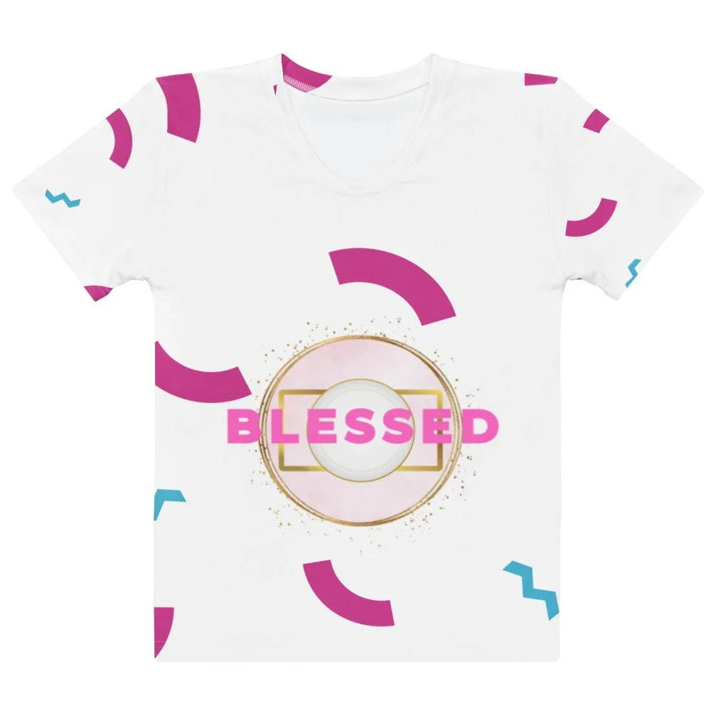 pink and white Blessed crew neck t-shirt with circle icon