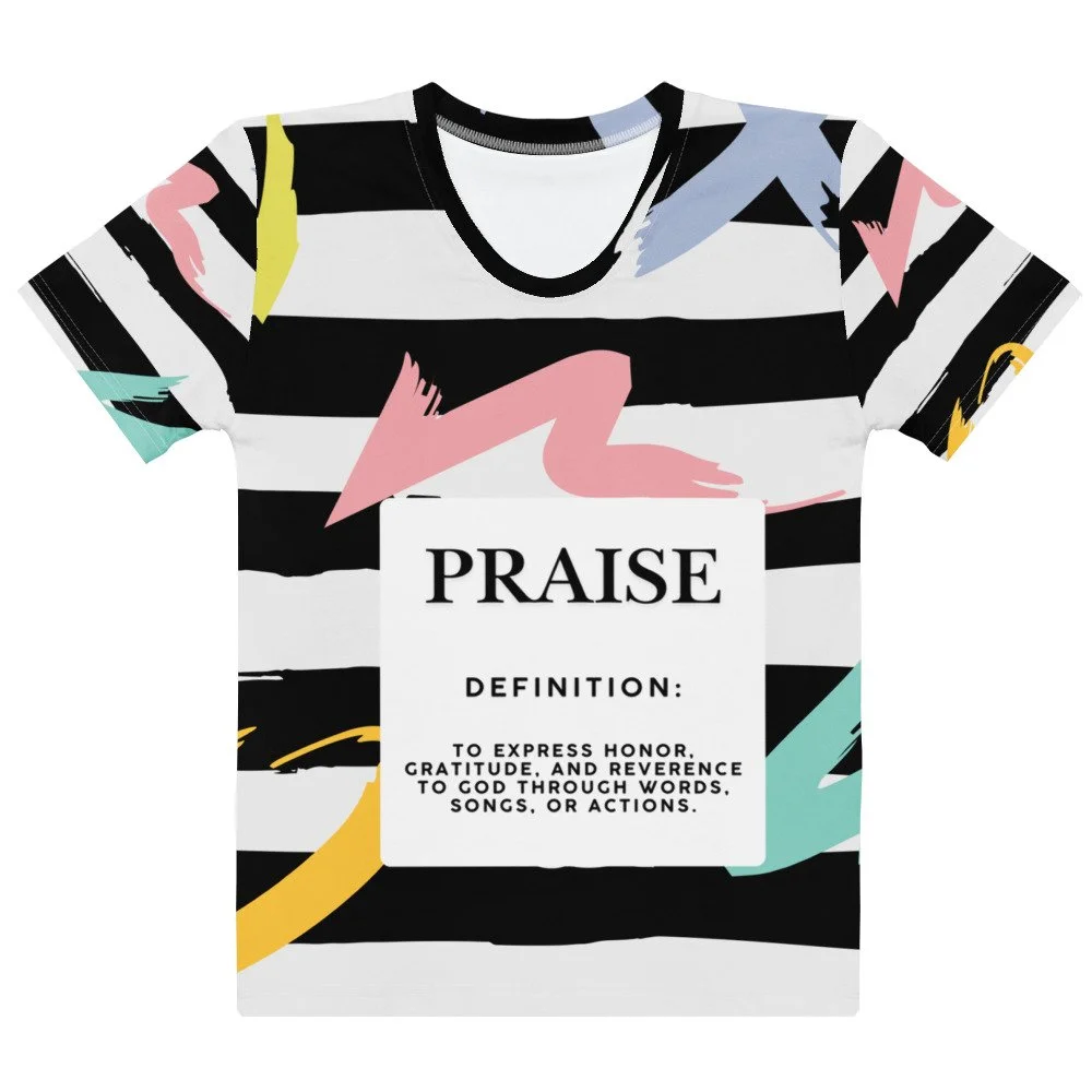 black and white striped women’s Praise definition crew neck t-shirt with white and black logo.