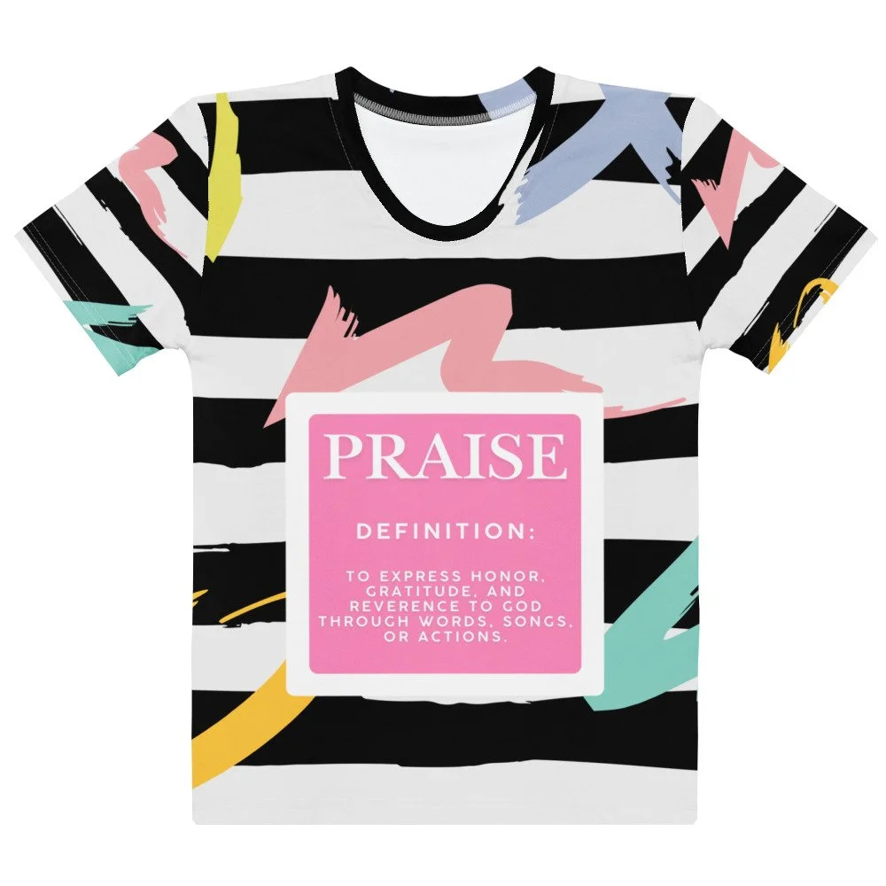 black and white striped women’s Praise definition crew neck t-shirt with pink logo.