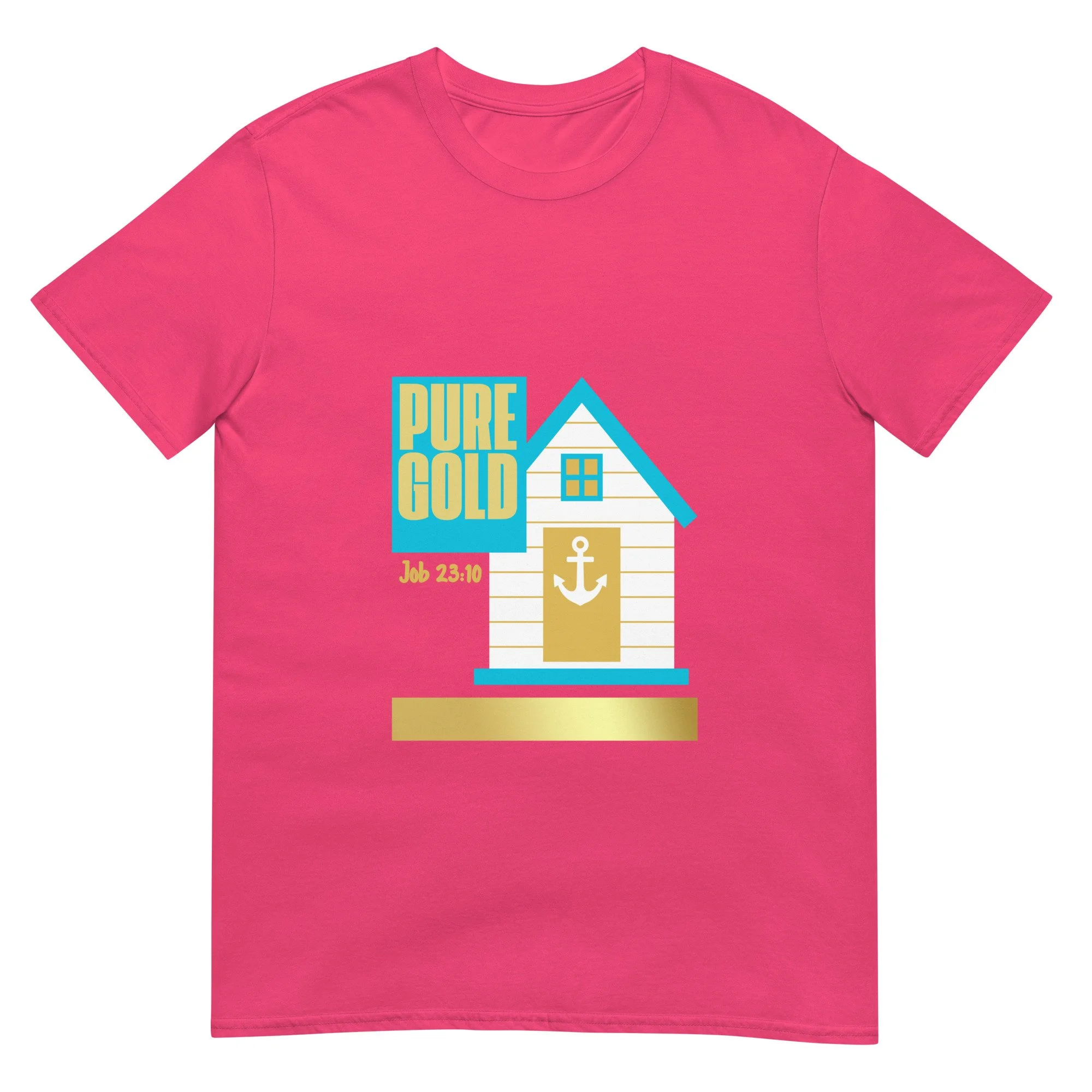 "Pure Gold "hot pink and gold t-shirt with white beach house with an anchor. Job 23:10 Bible Verse Christian T-shirt.