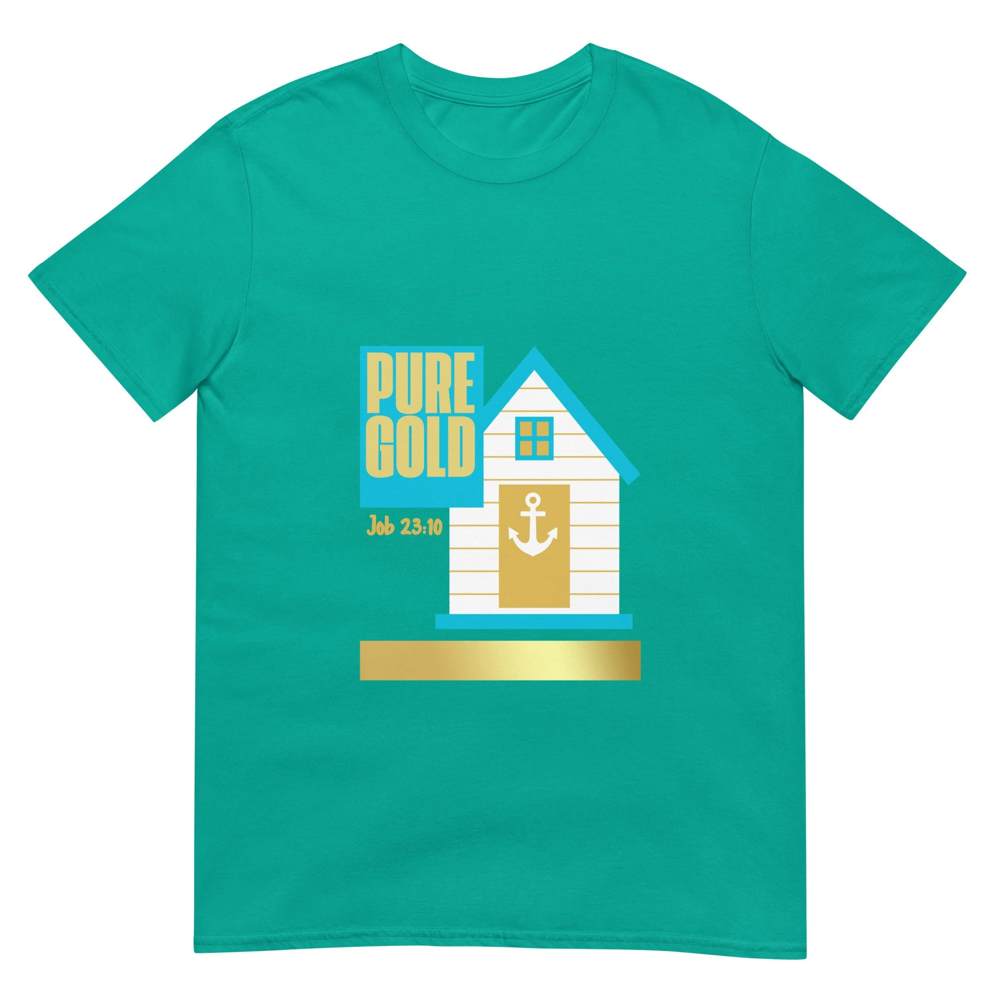 "Pure Gold; Job 23:10.” Jade green and gold t-shirt with white beach house with an anchor. Job 23:10 Bible Verse Christian T-shirt.