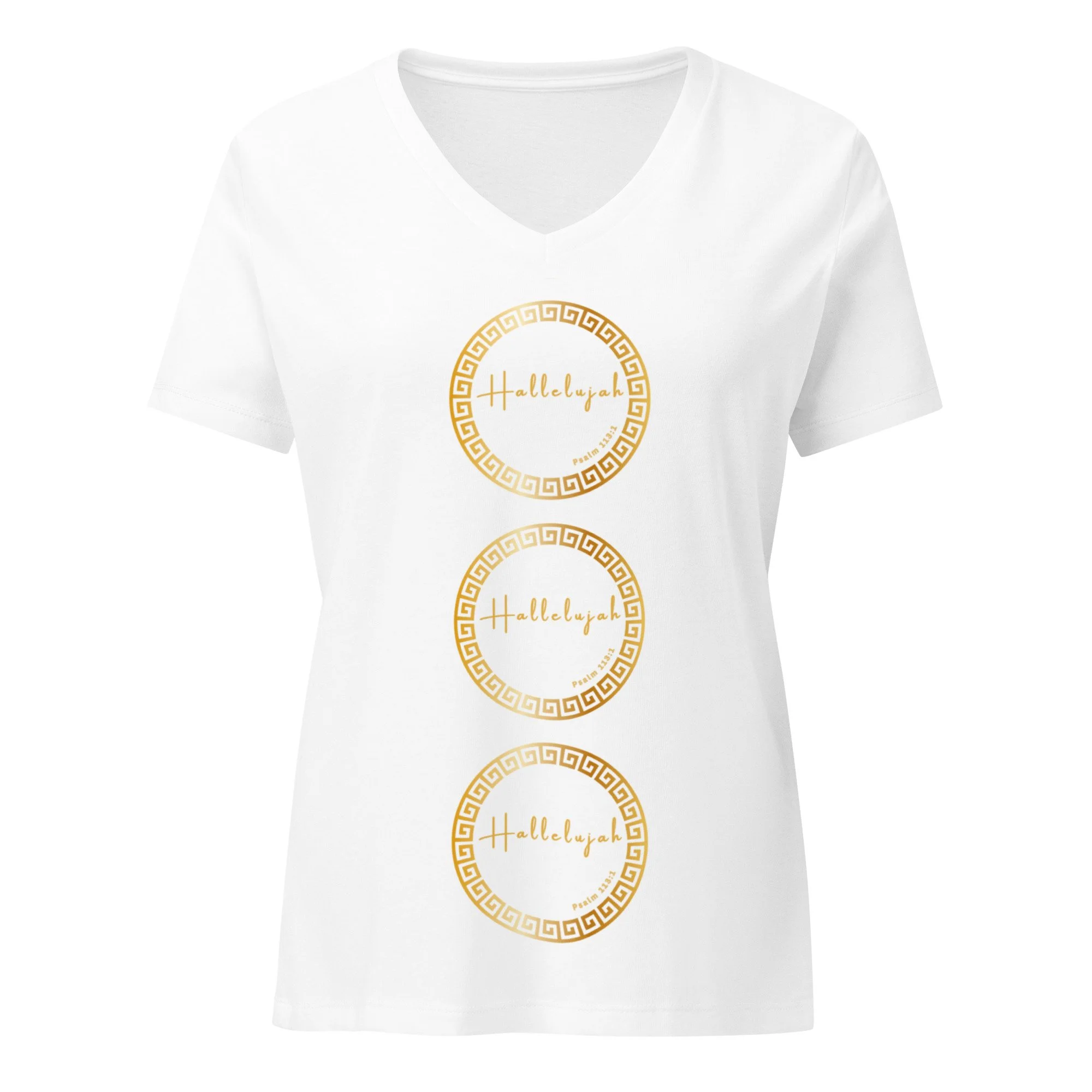 Hallelujah white, relaxed fit Women’s Christian t-shirt with 3 vertical gold circles
