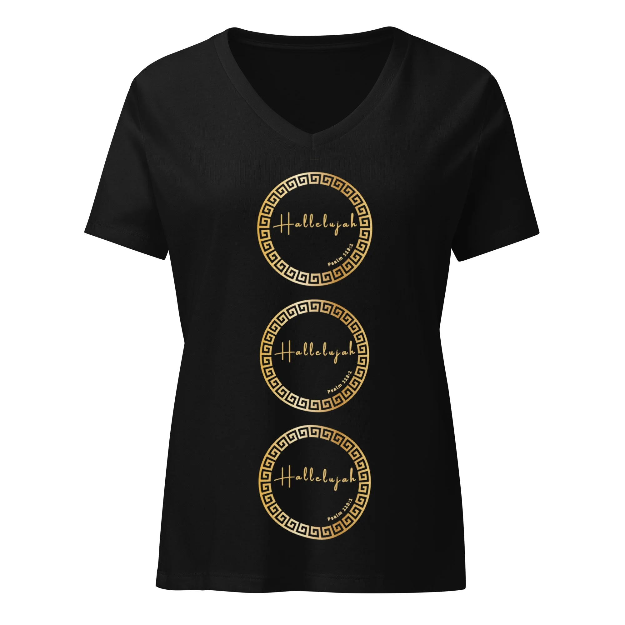 Hallelujah black, relaxed fit Christian t-shirt with 3 vertical gold circles