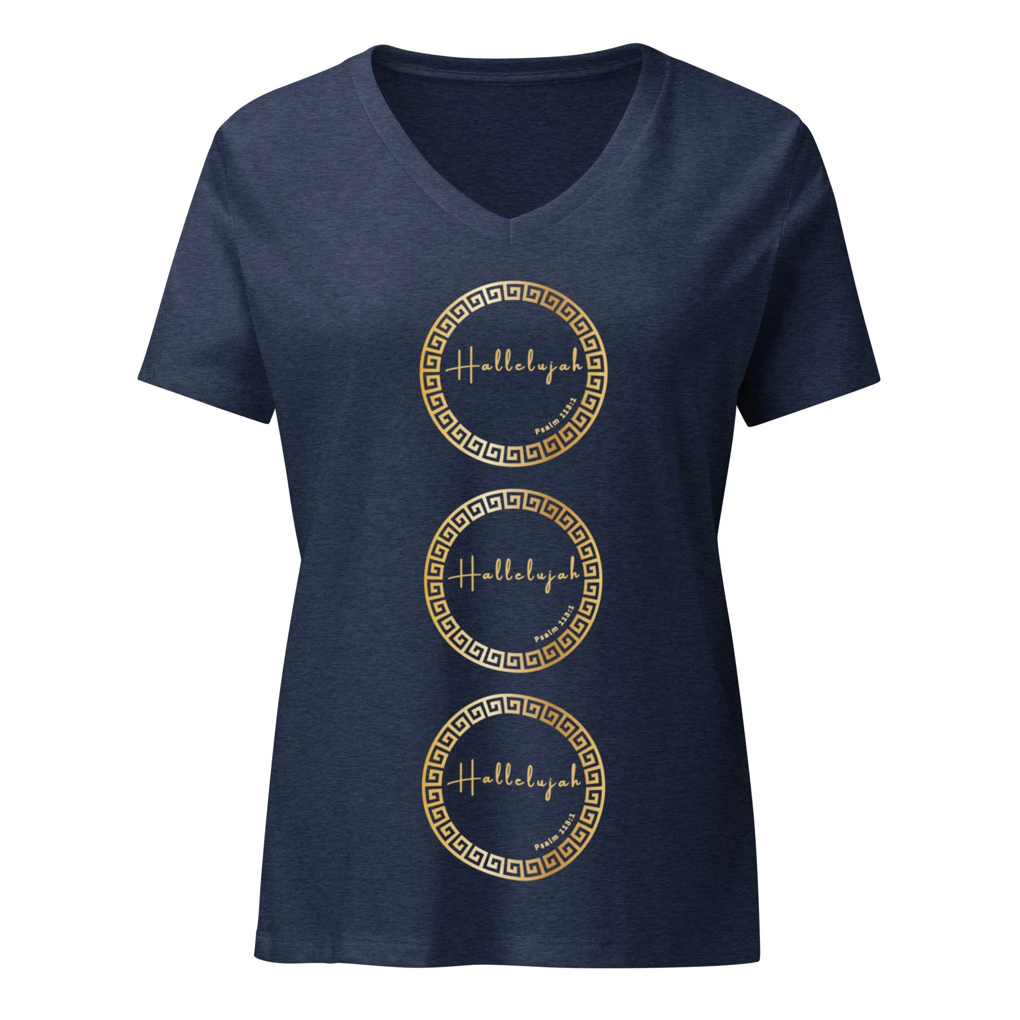 Hallelujah heather navy blue, relaxed fit Women’s Christian t-shirt with 3 vertical gold circles