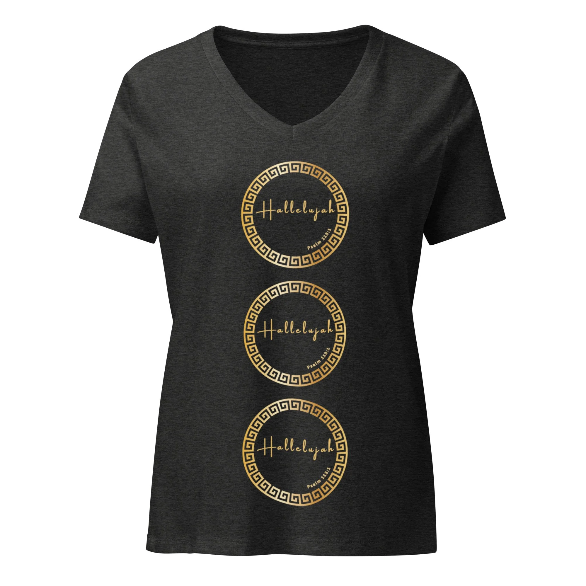 Hallelujah dark grey heather, relaxed fit Women’s Christian t-shirt with 3 vertical gold circles