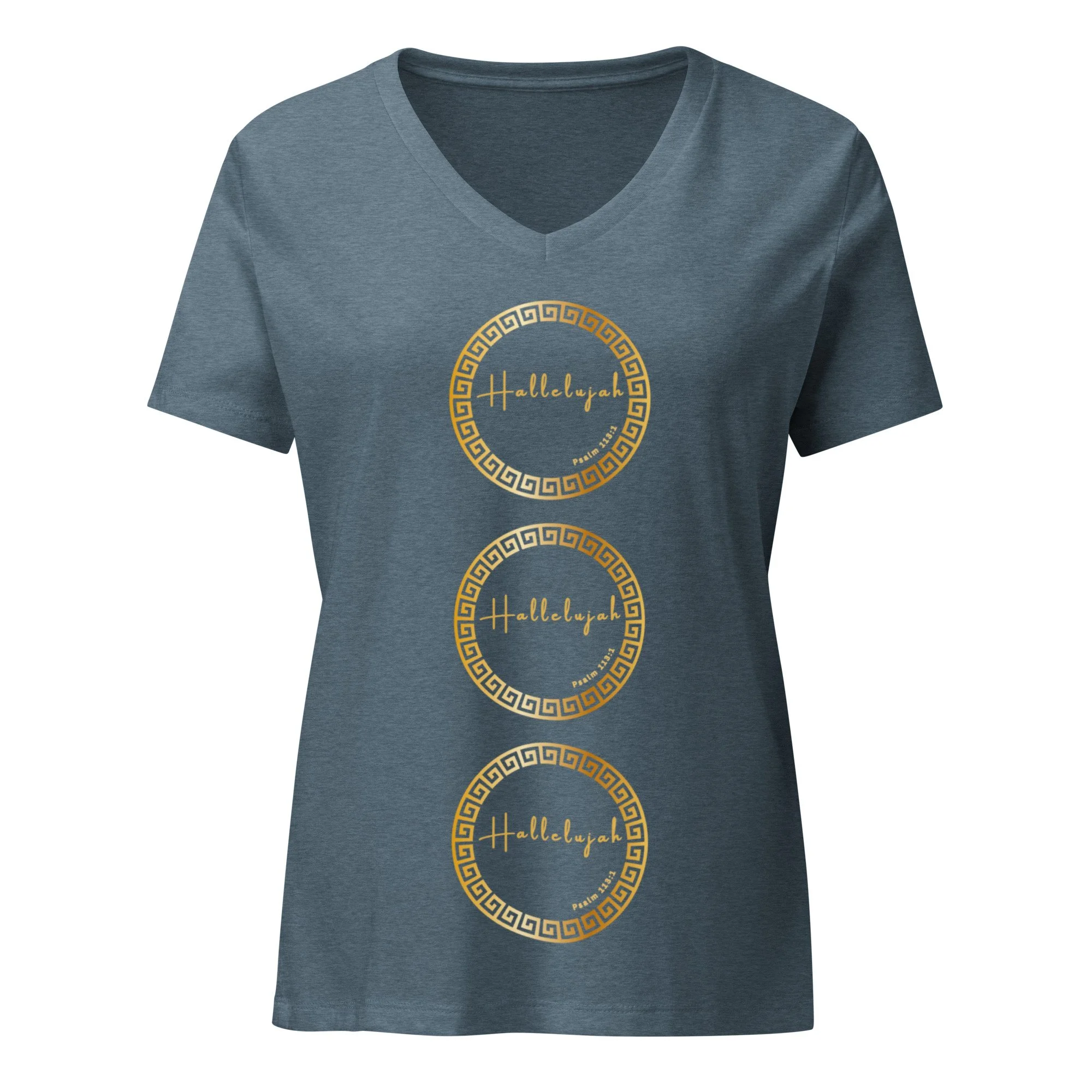 Hallelujah heather slate, relaxed fit Women’s Christian t-shirt with 3 vertical gold circles