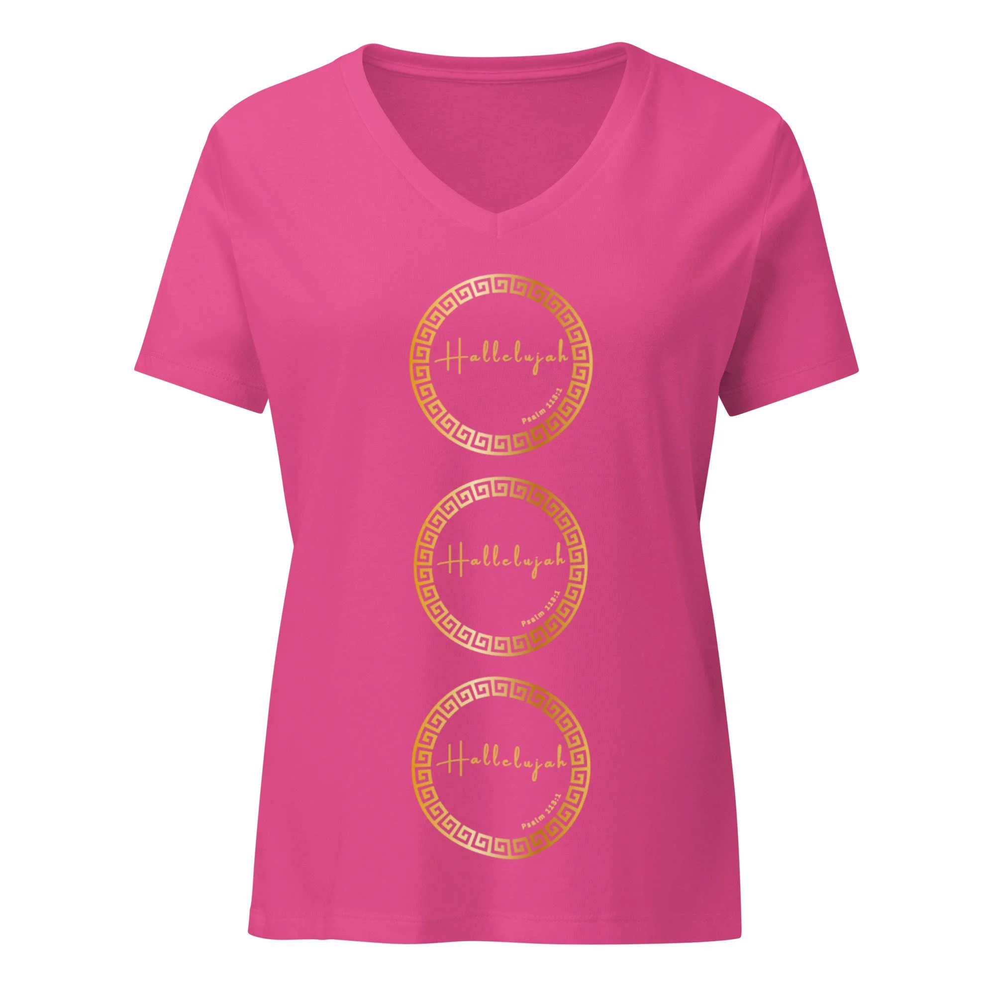 Hallelujah pink/berry, relaxed fit women’s Christian t-shirt with 3 vertical gold circles