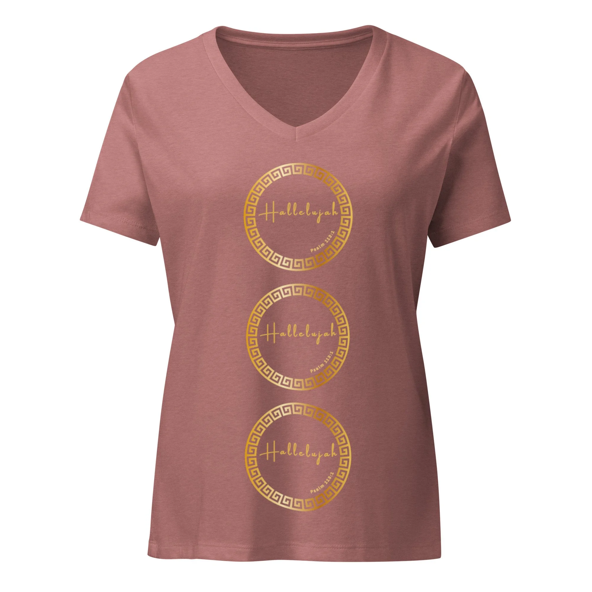 Hallelujah heather mauve, relaxed fit Women’s Christian t-shirt with 3 vertical gold circles